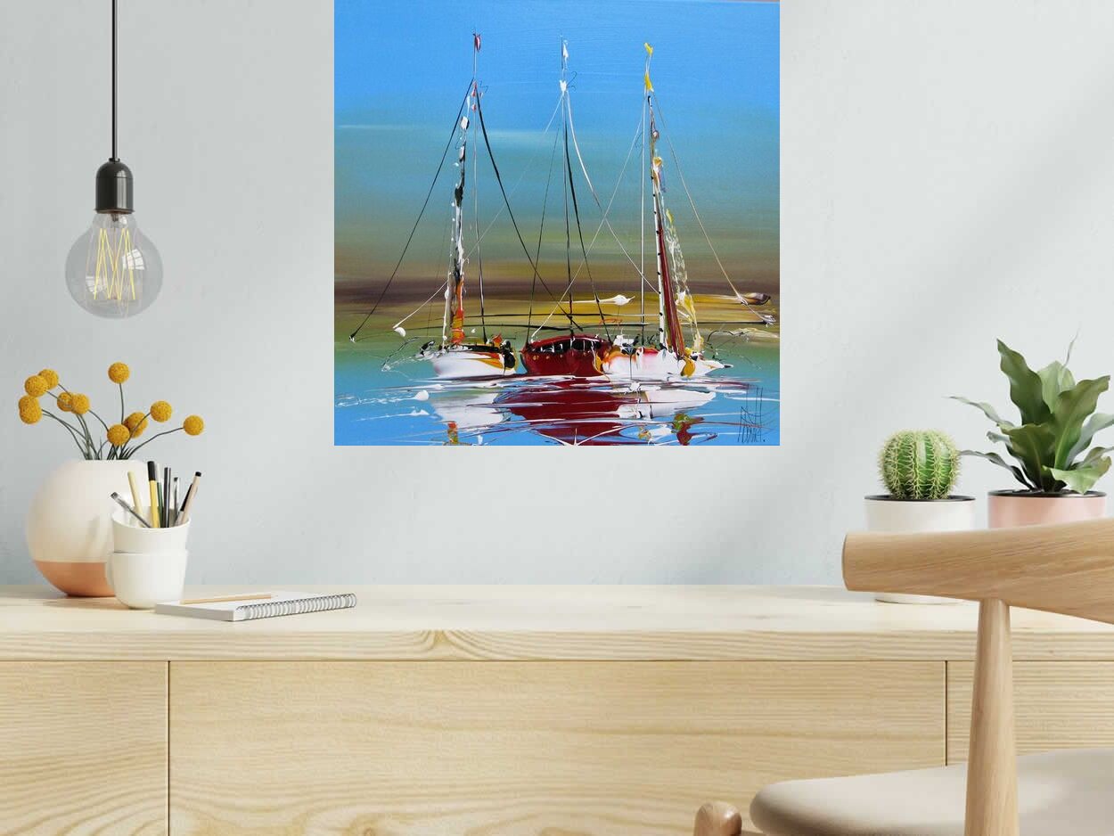 Peinture MARINE ABSTRAITE 2025 de F. BOUTET dans un intérieur – 50 × 50 cm