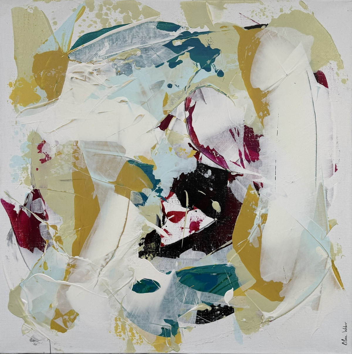 Peinture abstraite rose et vert de Céline Weber, Plénitude 3, acrylique sur toile, 60 x 60 cm