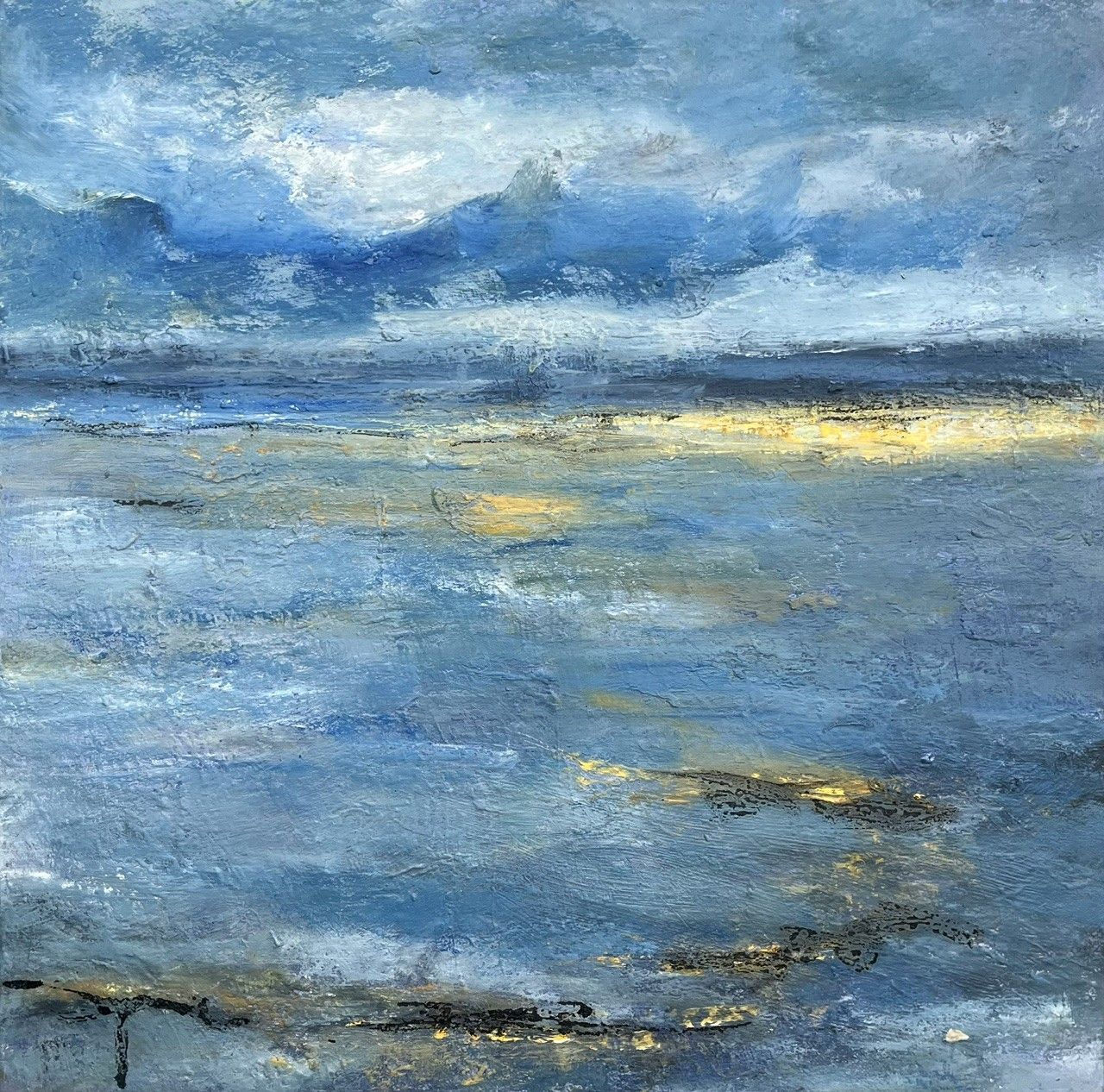 Peinture abstraite petit format blanc Bords de mer – PASCALE JACQUEMOND – 40 × 40 cm