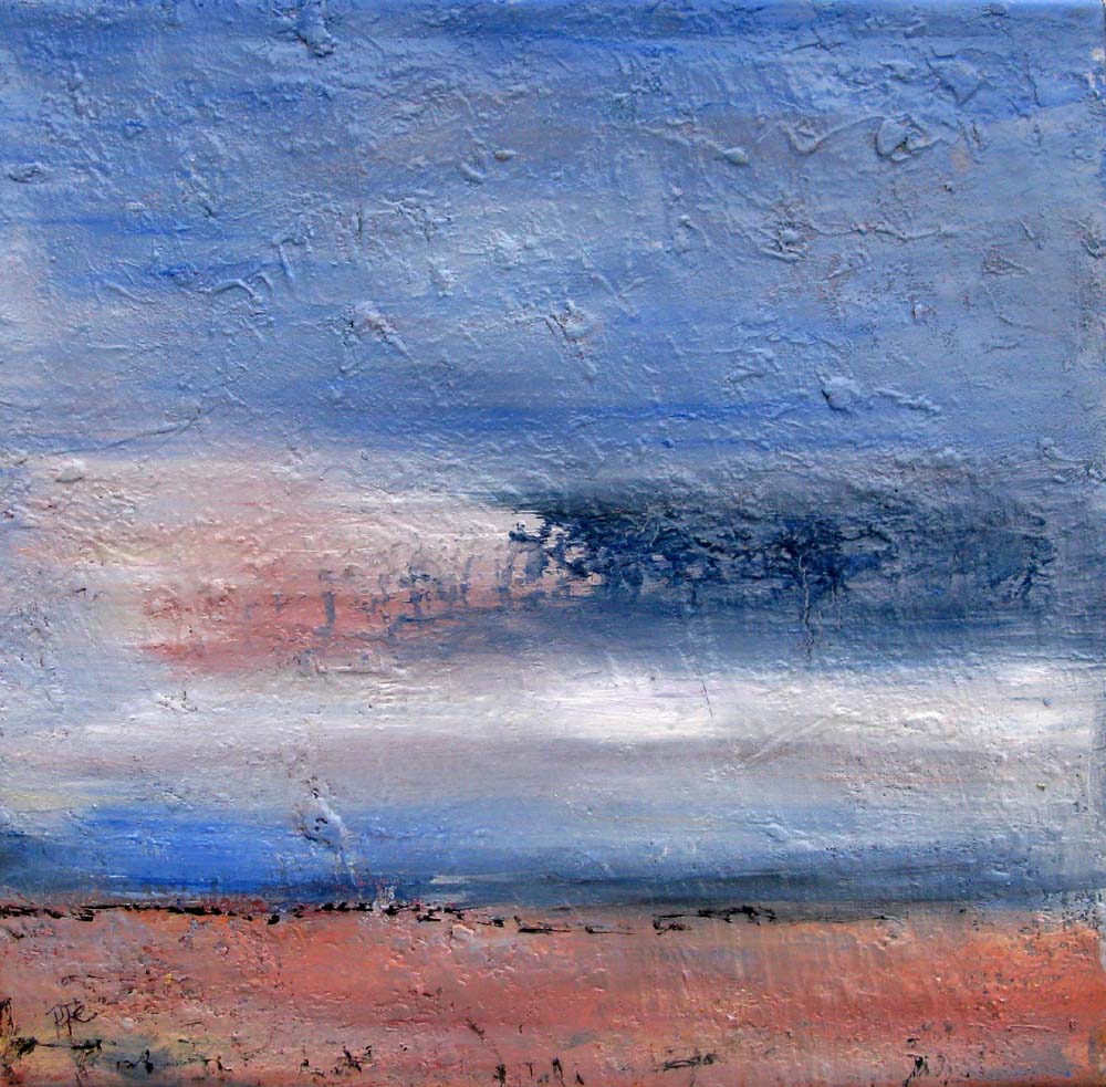 Peinture abstraite petit format bleu et rose Brumes – PASCALE JACQUEMOND – 37 × 36 cm