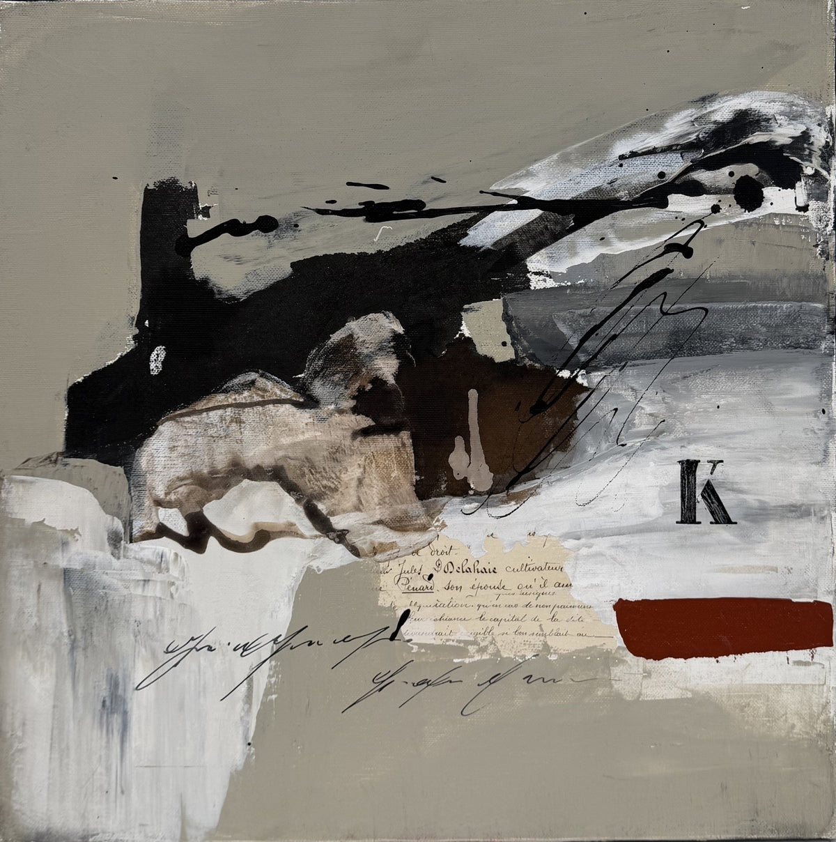 Peinture abstraite en collage et technique mixte sur toile, tons gris, 40 x 40 cm, Michelle Boissonot