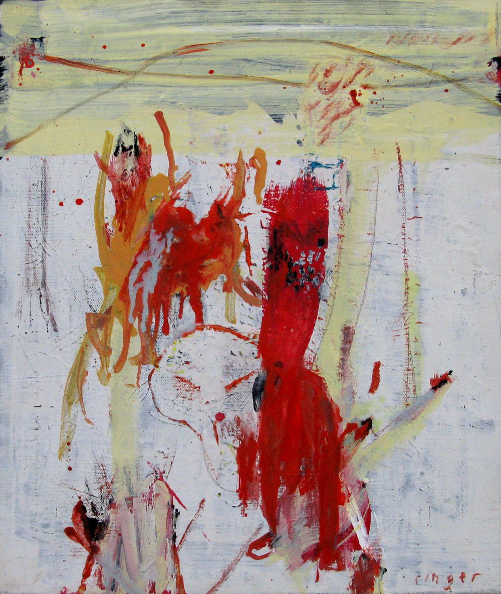 Peinture abstraite petit format jaune et rouge SANS TITRE – RINGER HERVE – 46 × 38 cm