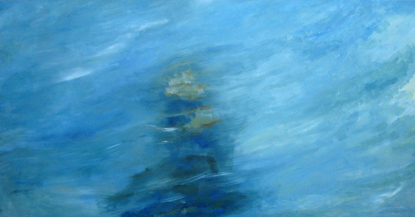 Peinture abstraite très grand format bleu Transparence – PASCALE JACQUEMOND – 200 × 97 cm