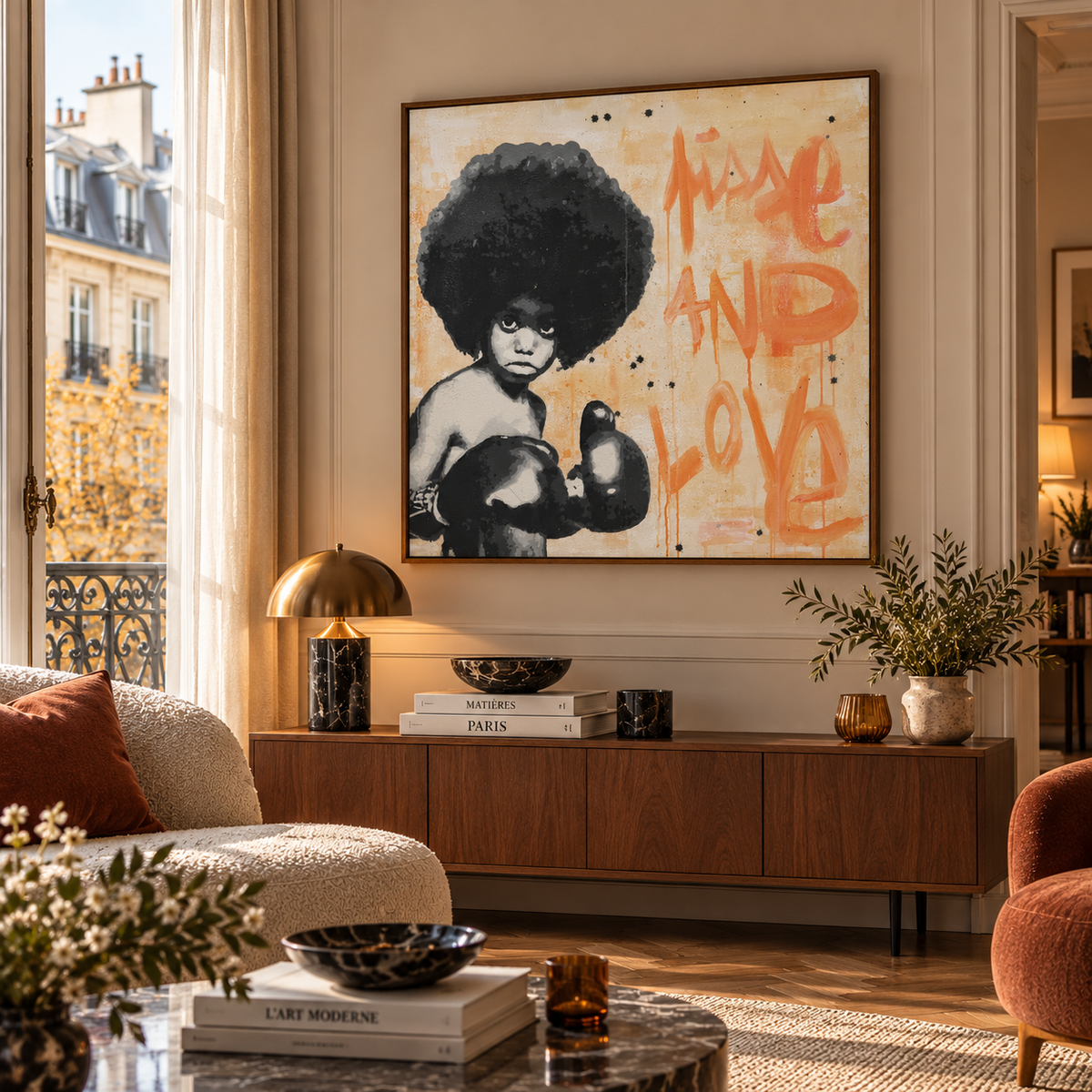 Peinture Pisse and Love de MISS FUCK dans un intérieur – 90 × 90 cm