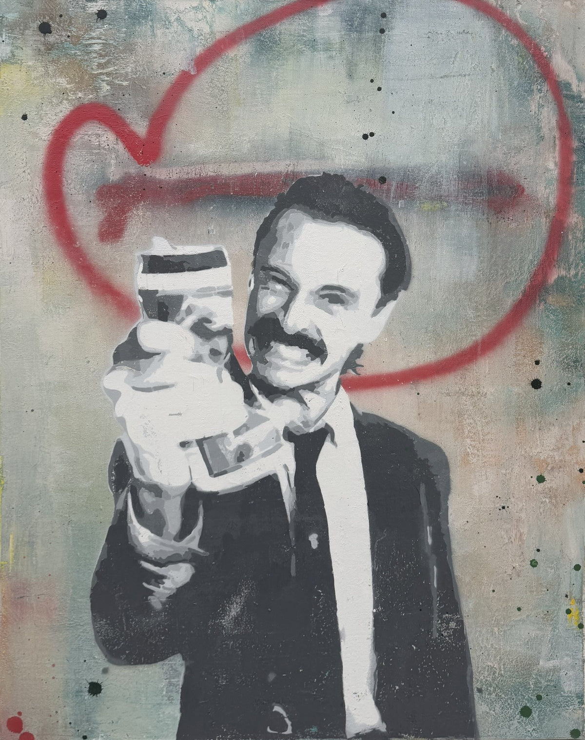 Peinture street art en gris et rouge, portrait à l'aérosol et au pochoir sur toile, Trainspotting de MISS FUCK
