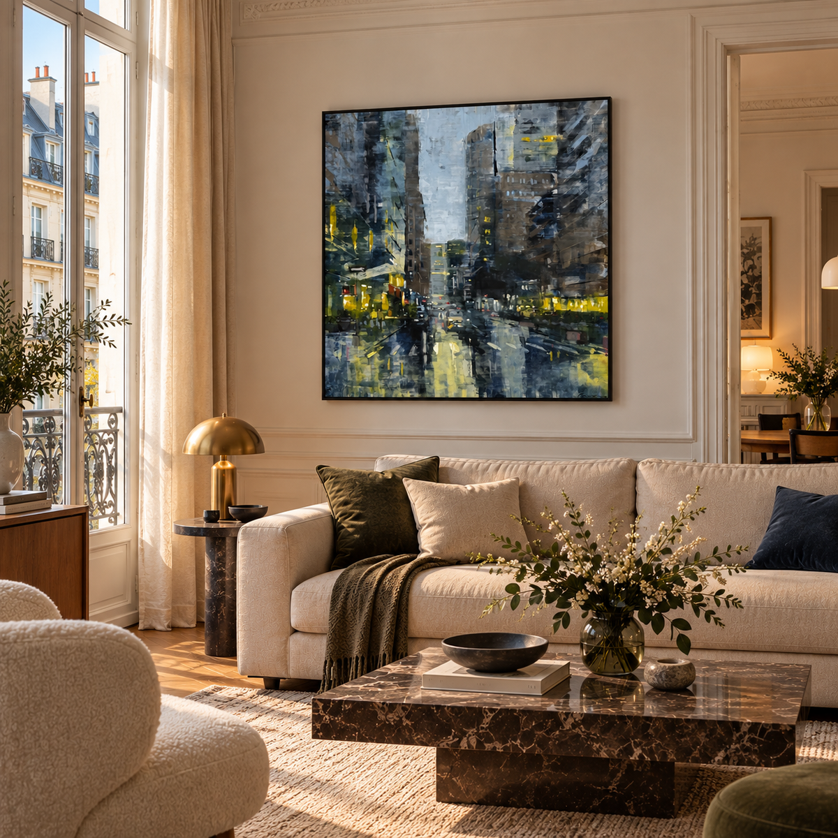 Peinture Park Avenue 2026 de ADRIEN FAVEAU dans un intérieur – 100 × 100 cm
