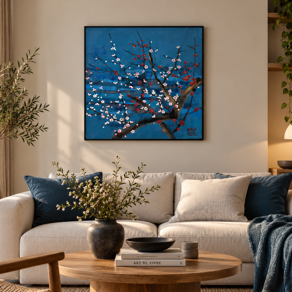 Peinture Lueur nocturne de JEONG MIN LEE dans un intérieur – 80 × 80 cm