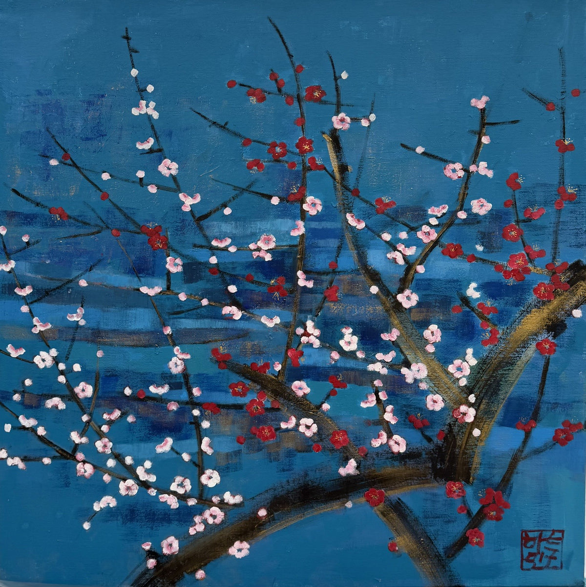 Peinture technique mixte sur toile de Jeong Min Lee, Lueur nocturne, 80 x 80 cm, tons bleus
