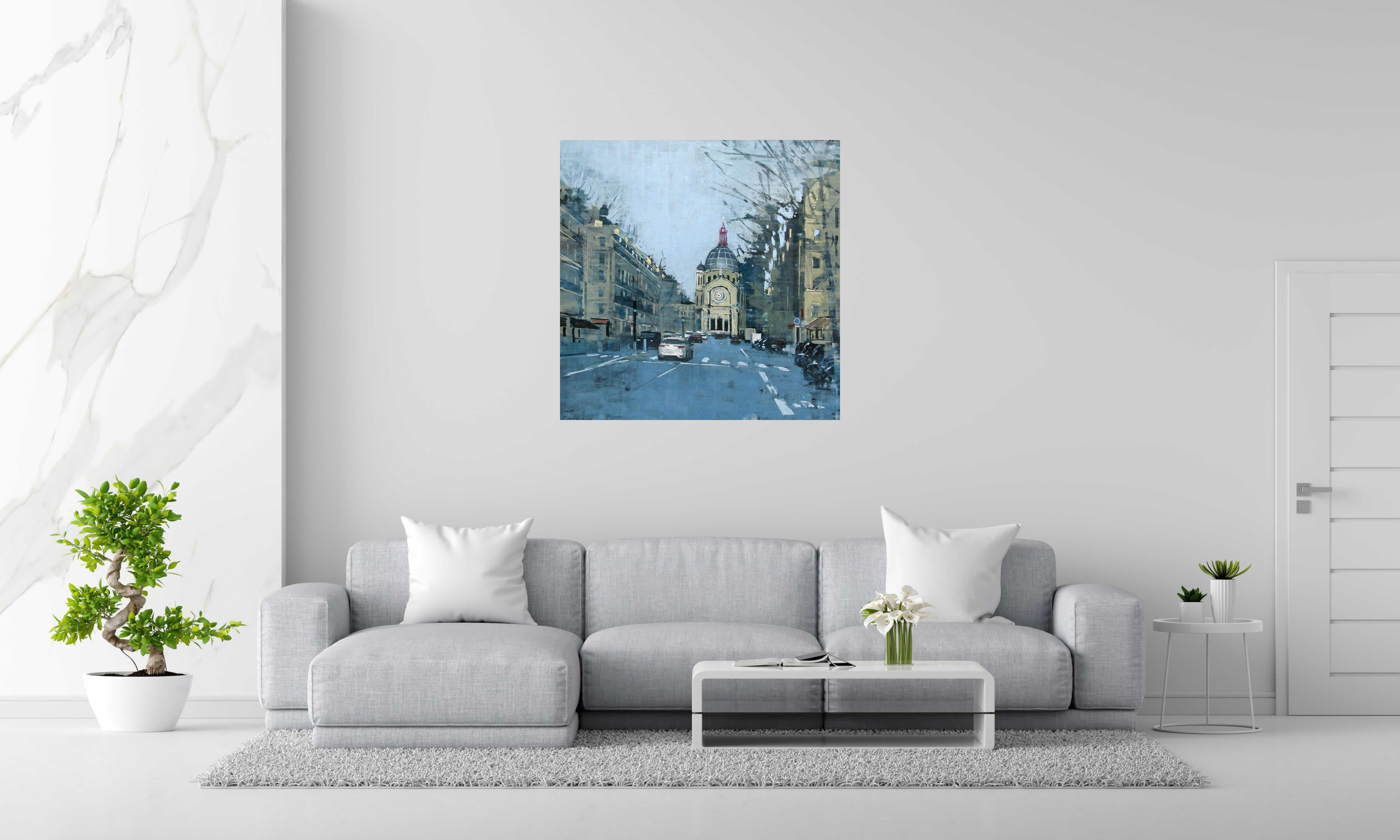 Peinture BOULEVARD MALESHERBES BLUETE de ADRIEN FAVEAU dans un intérieur – 100 × 100 cm