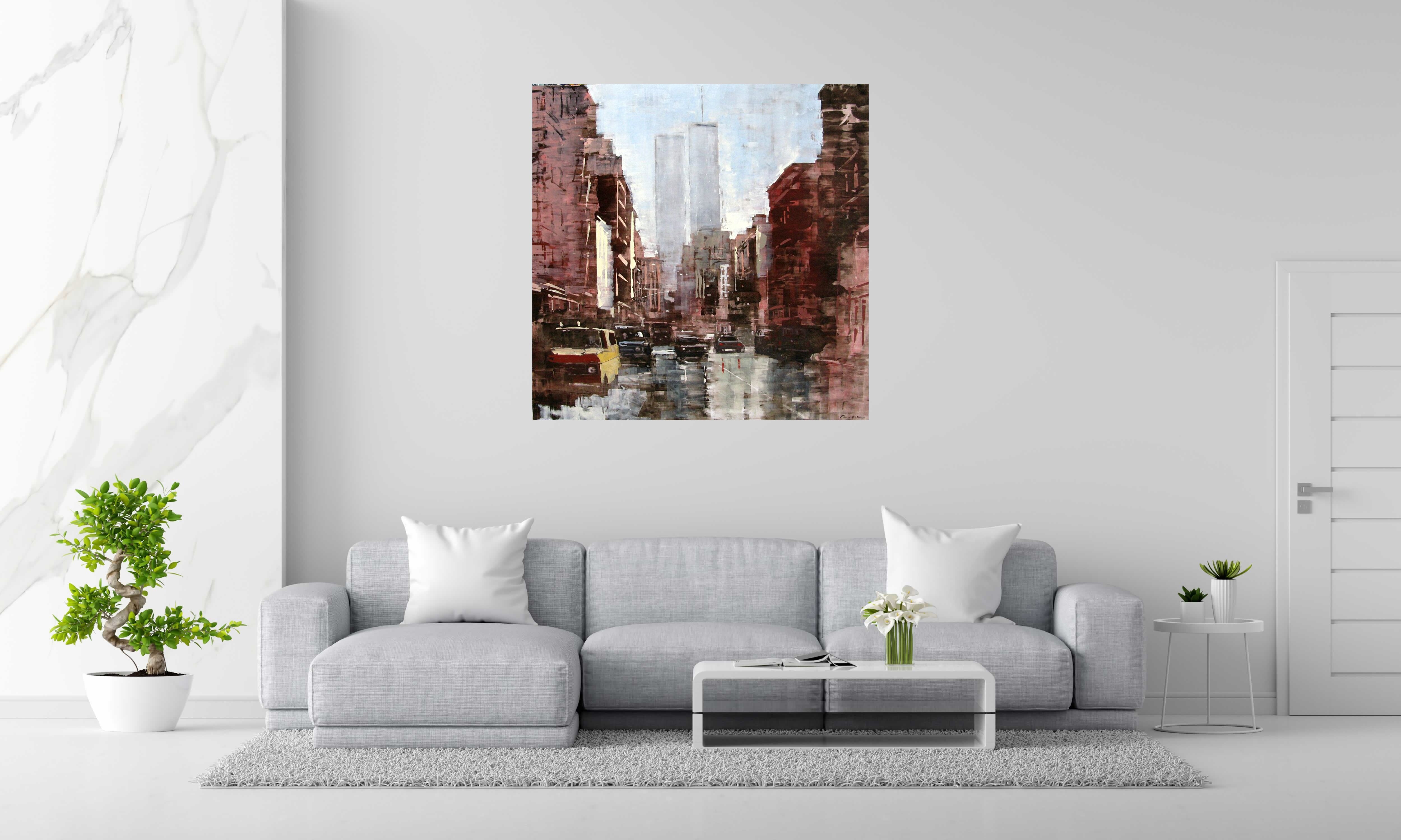 Peinture Manhattan 80's de ADRIEN FAVEAU dans un intérieur – 120 × 120 cm
