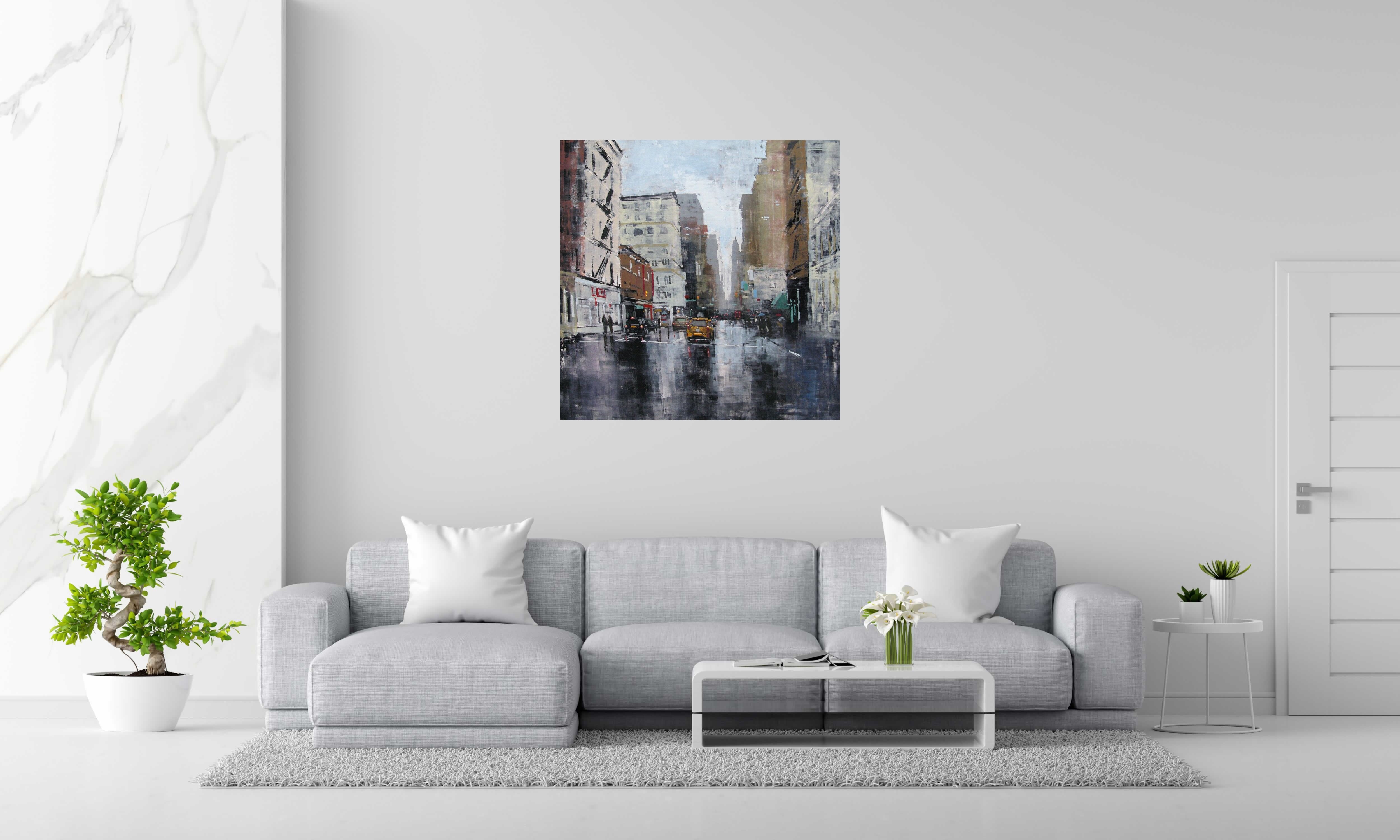 Peinture Manhattan Sunny Rain de ADRIEN FAVEAU dans un intérieur – 100 × 100 cm