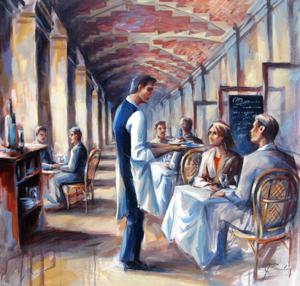 Peinture figurative format xxl beige RESTAURANT PLACE DES VOSGES – JEFF BAILEY – 80 × 80 cm