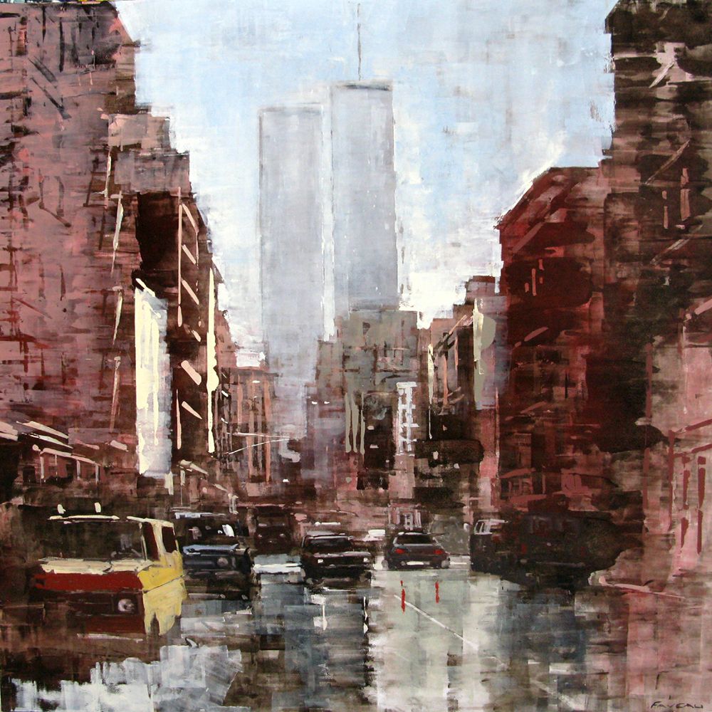 Peinture figurative format xxl bleu et jaune Manhattan 80's – ADRIEN FAVEAU – 120 × 120 cm