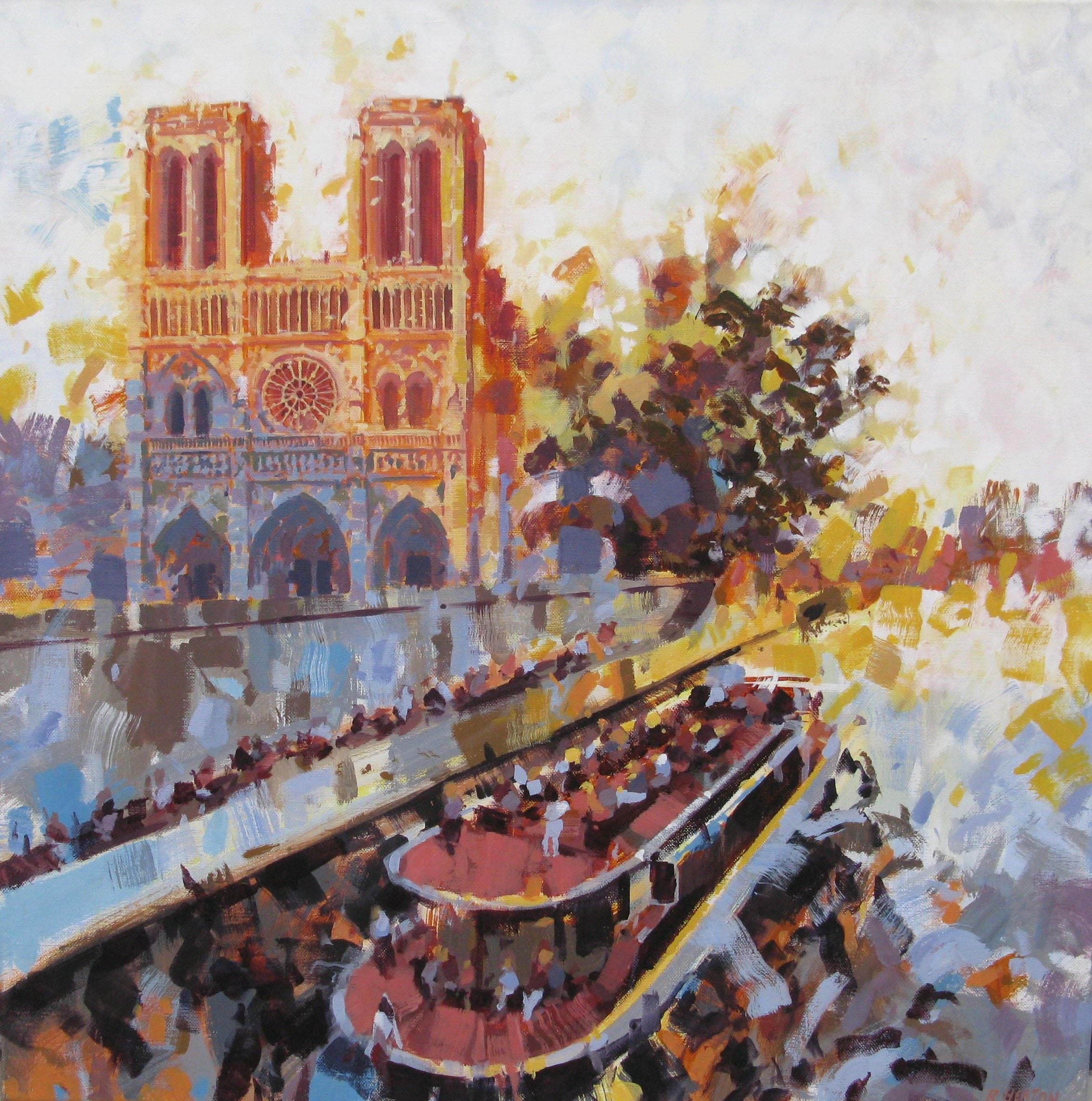 Peinture figurative format xxl Notre-Dame et bateau mouche – HEATON RUDYARD – 80 × 80 cm
