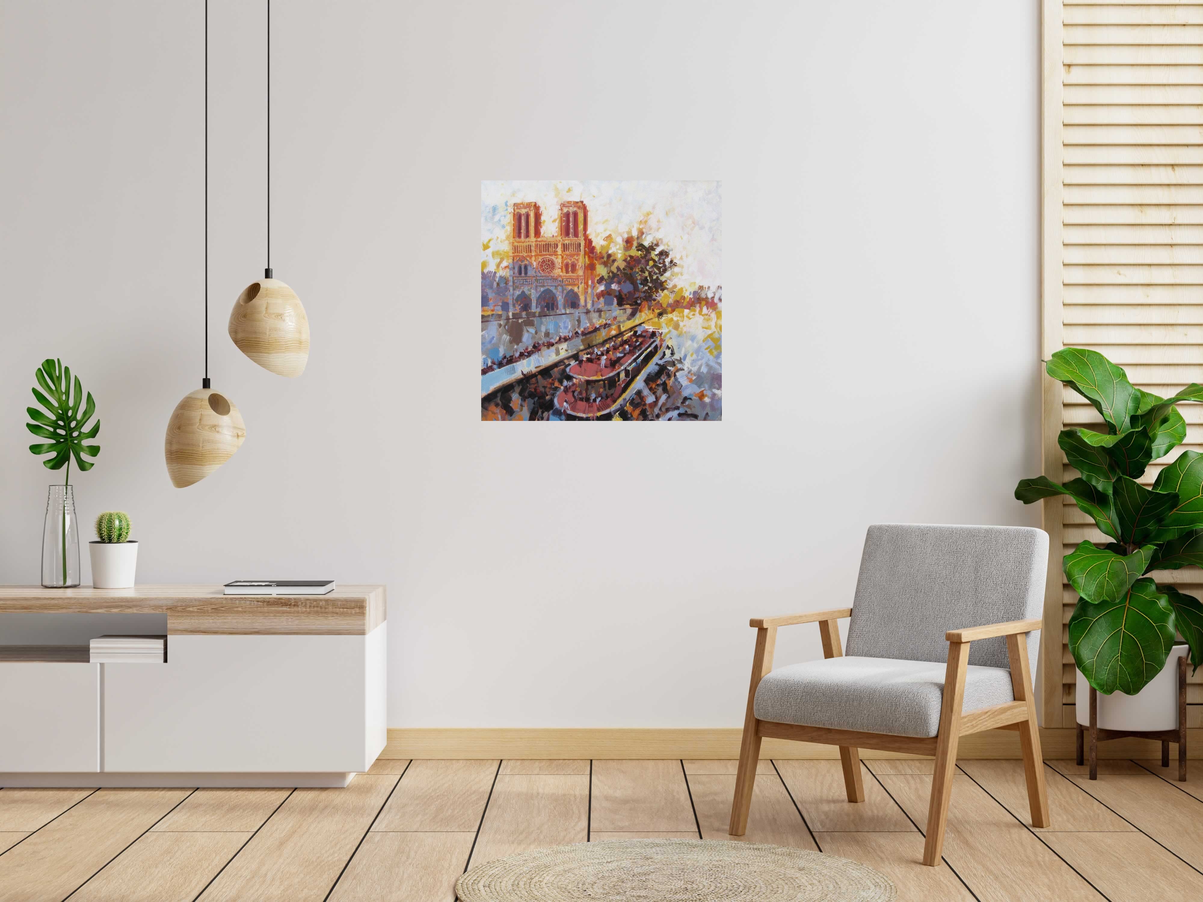 Peinture Notre-Dame et bateau mouche de HEATON RUDYARD dans un intérieur – 80 × 80 cm