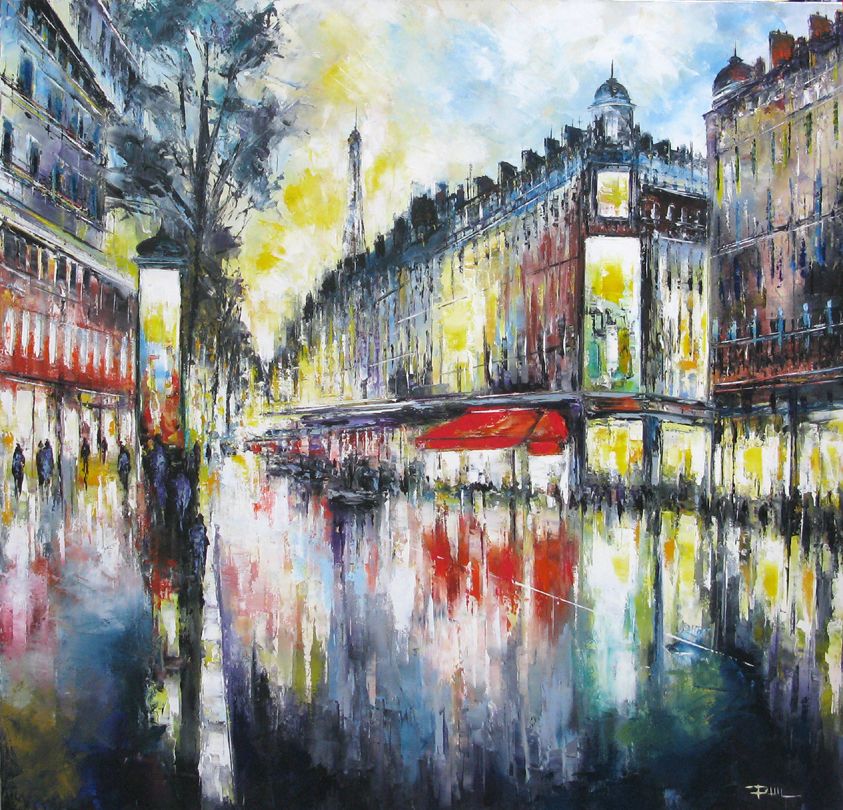Peinture figurative format xxl jaune Boulevard Haussmann, Paris – PHIL – 100 × 100 cm