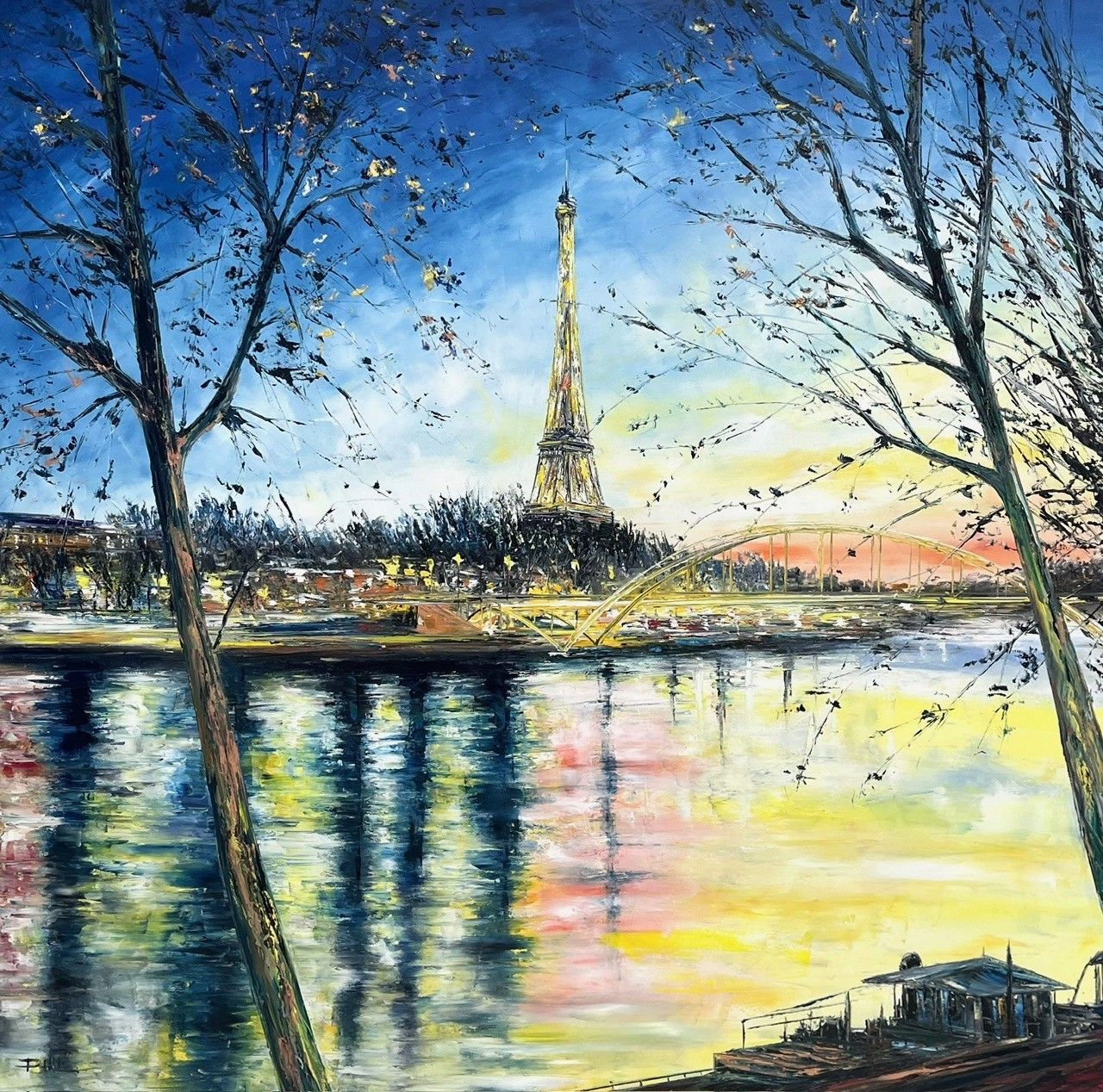 Peinture figurative format xxl jaune et rouge Sur les quais de Paris – PHIL – 100 × 100 cm