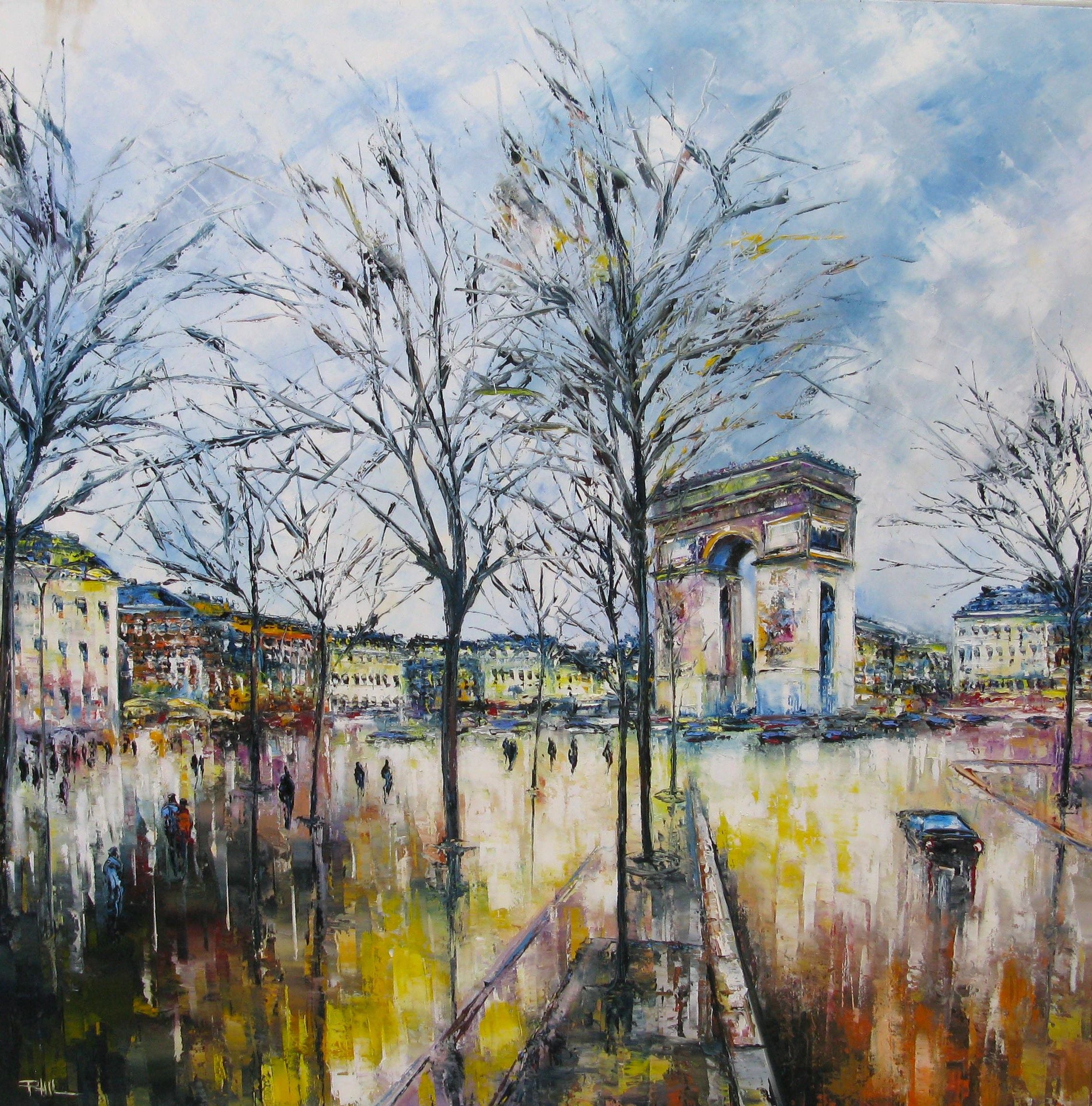 Peinture figurative format xxl Arrivée des Champs Elysées – PHIL – 100 × 100 cm