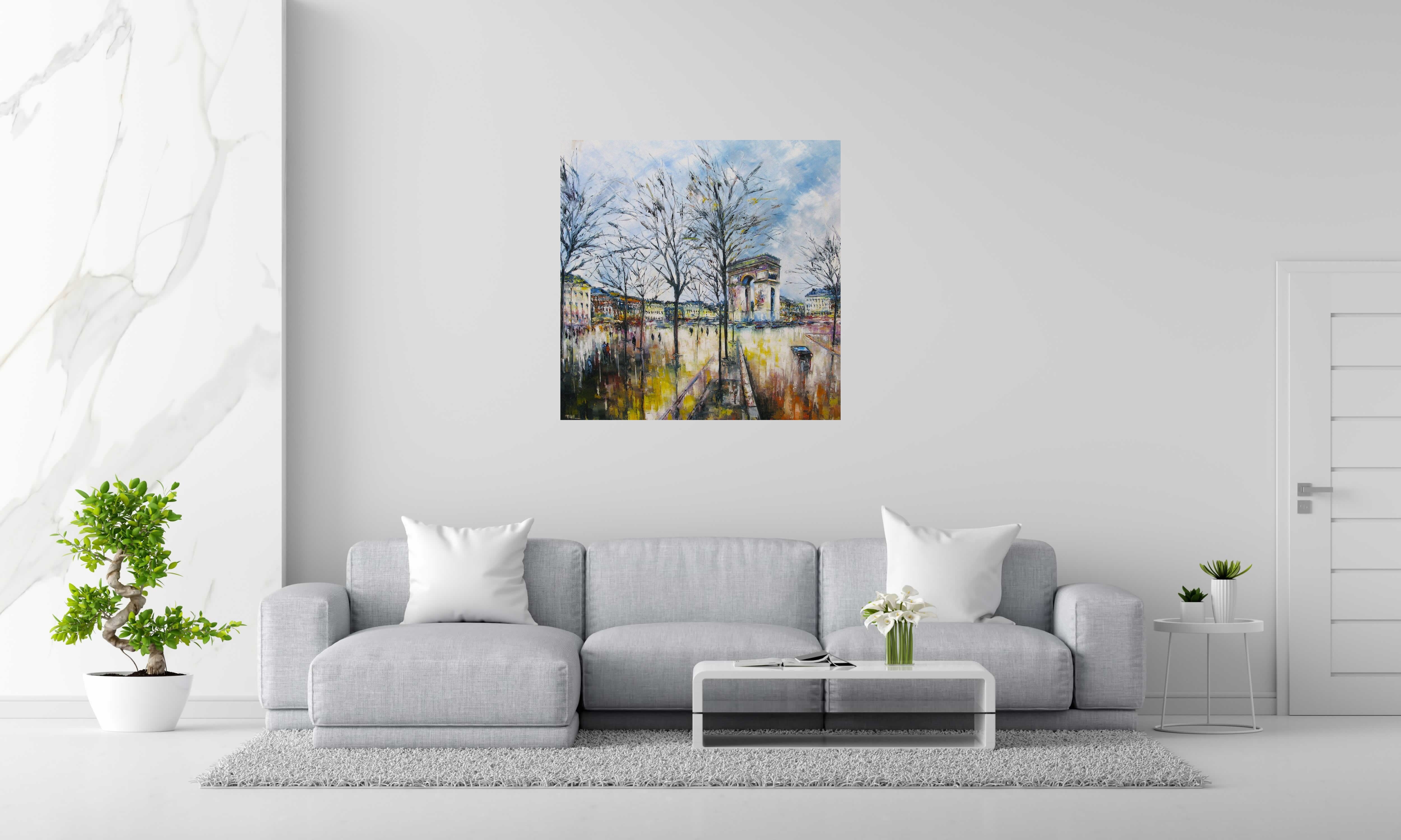 Peinture Arrivée des Champs Elysées de PHIL dans un intérieur – 100 × 100 cm
