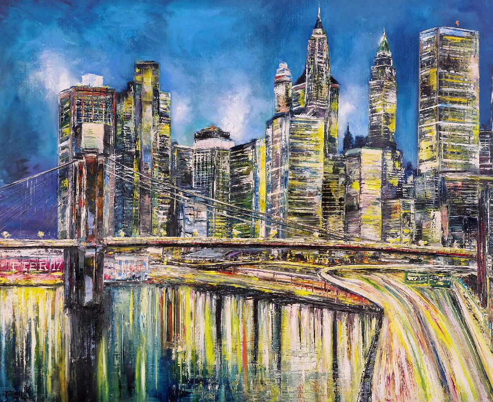 Peinture figurative format xxl FDR drive, NY – PHIL – 100 × 81 cm