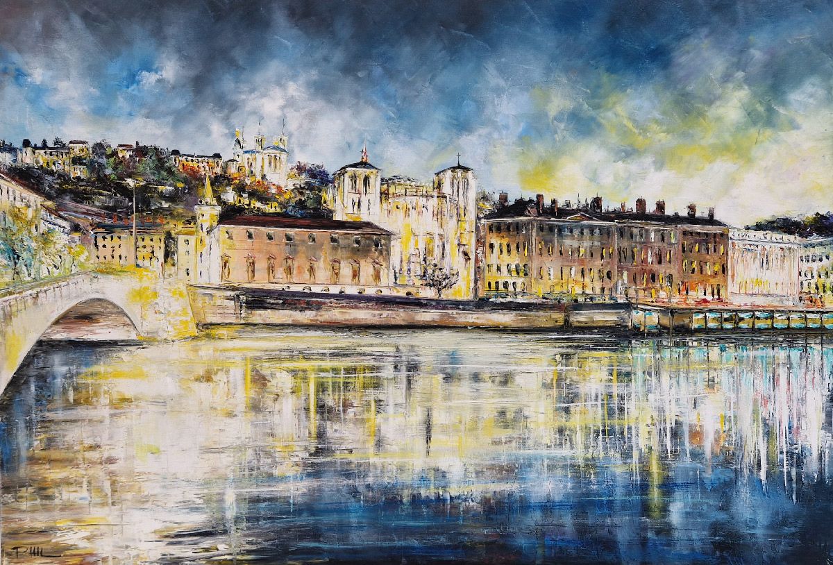 Peinture figurative format xxl La Saône, Lyon – PHIL – 100 × 70 cm
