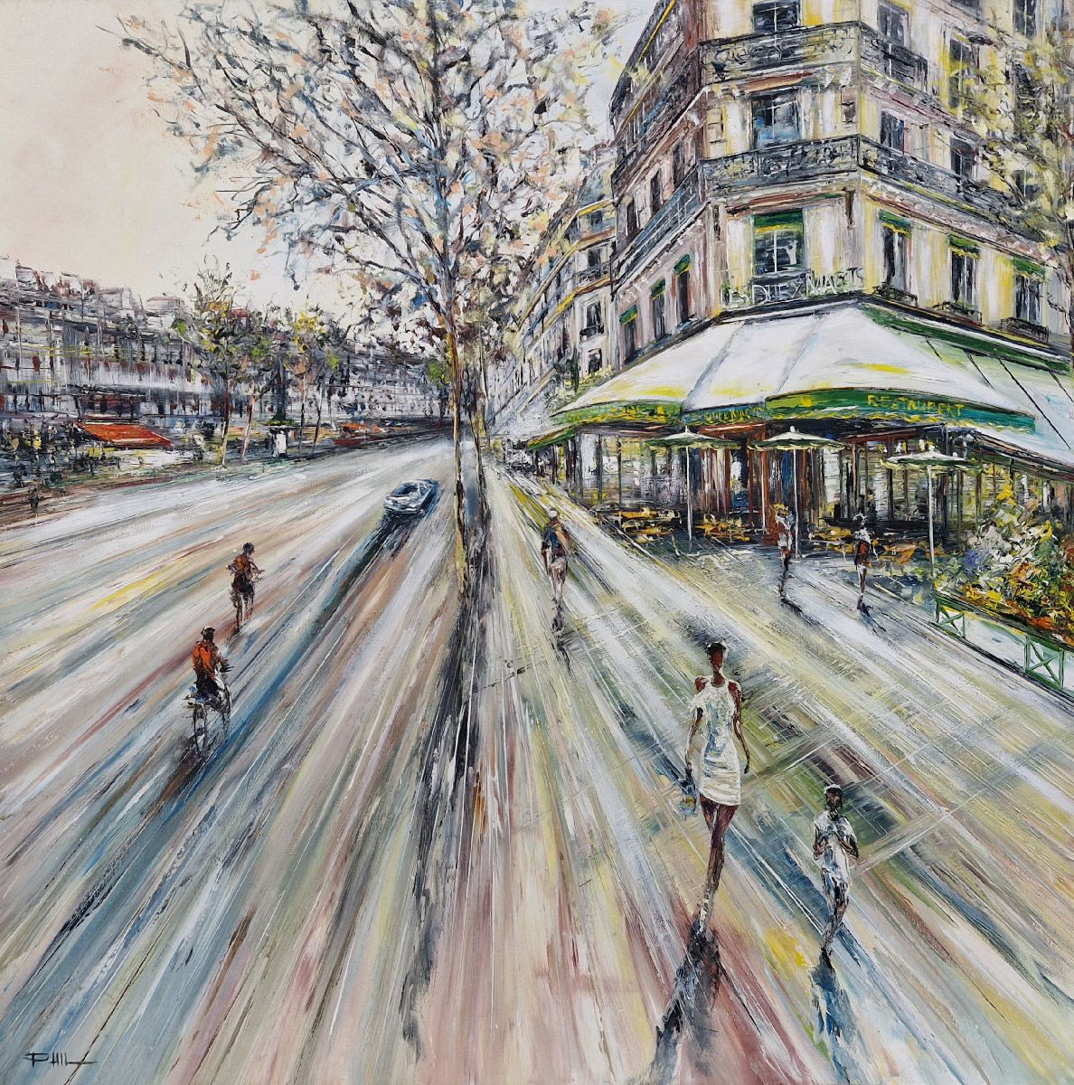 Peinture figurative format xxl Les deux Magots, Paris – PHIL – 100 × 100 cm