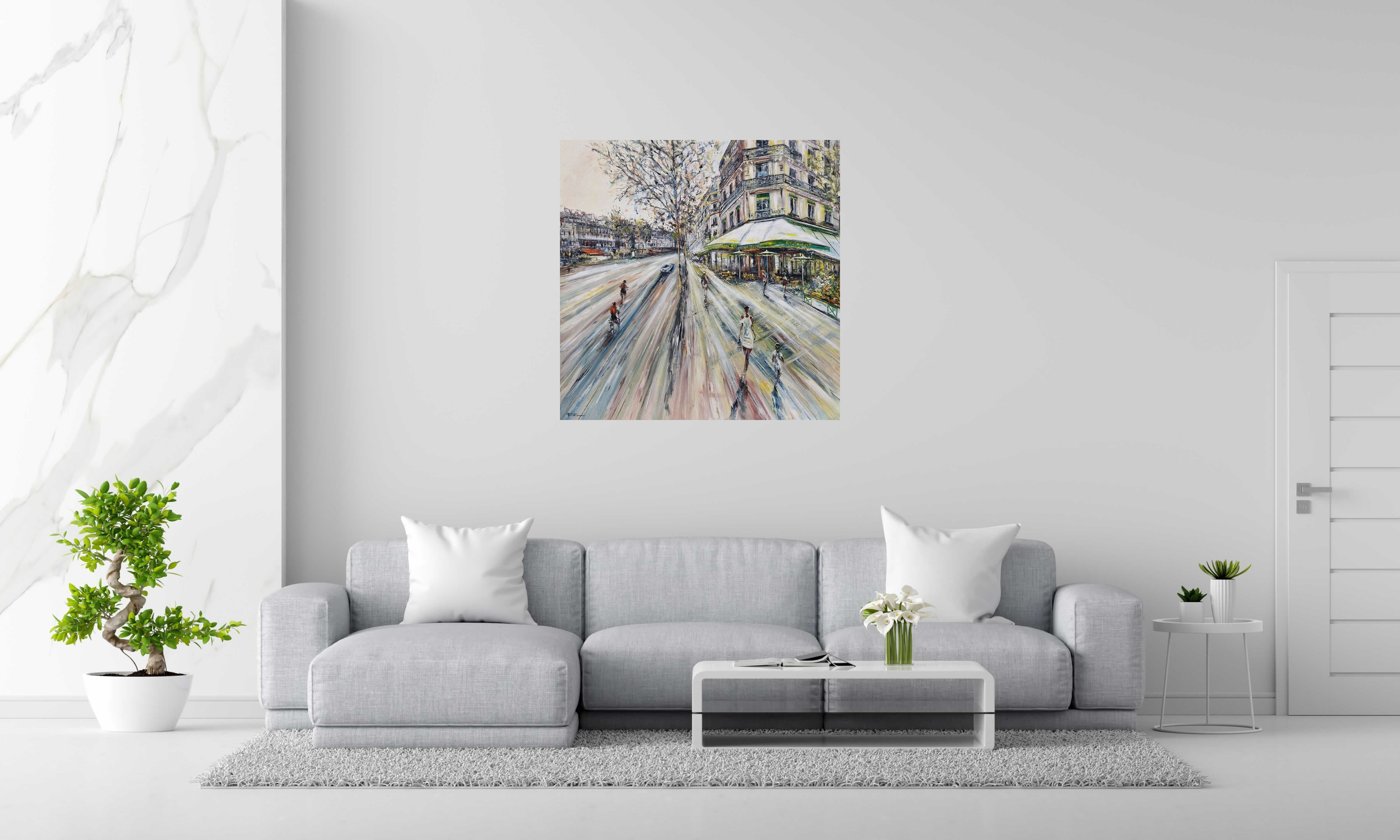 Peinture Les deux Magots, Paris de PHIL dans un intérieur – 100 × 100 cm