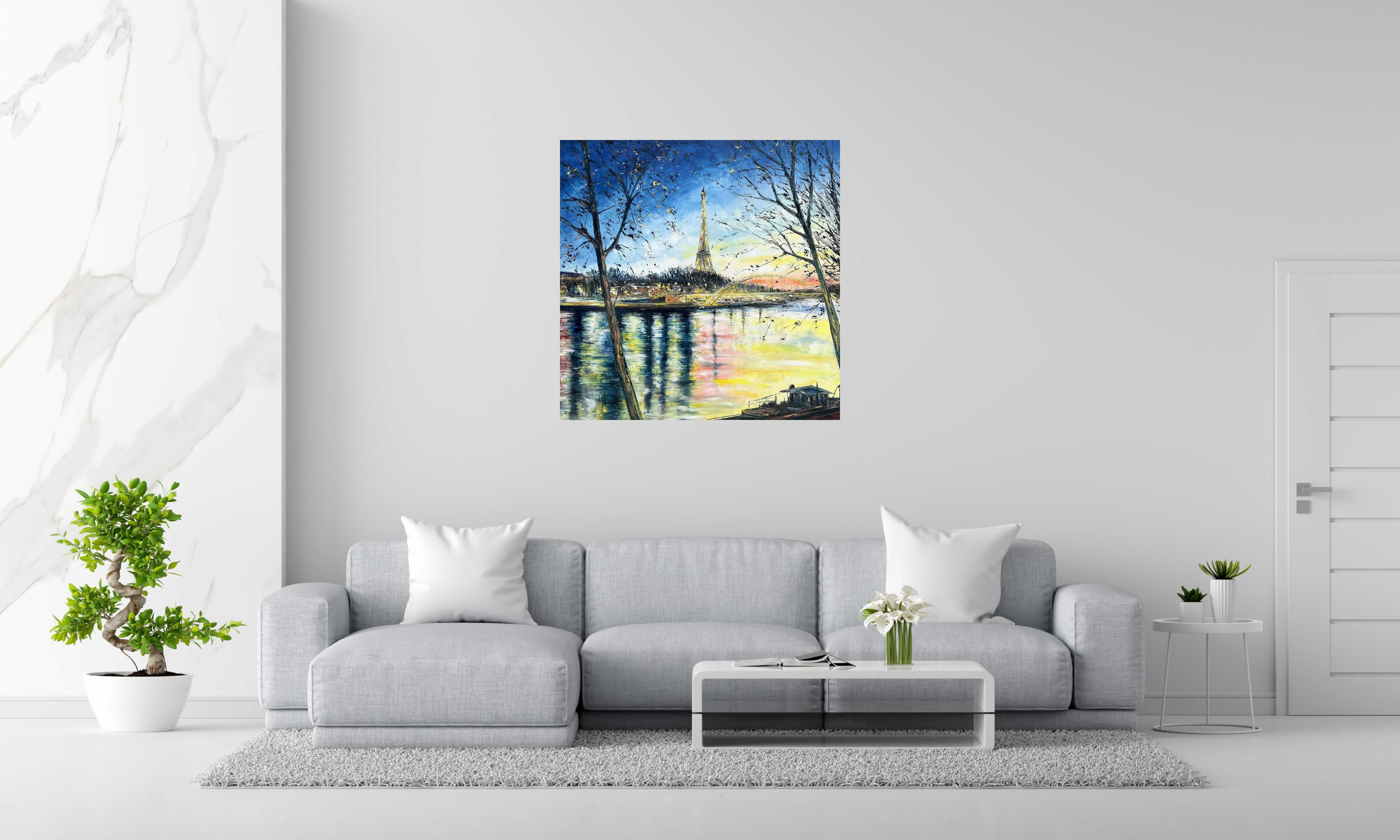Peinture Sur les quais de Paris de PHIL dans un intérieur – 100 × 100 cm