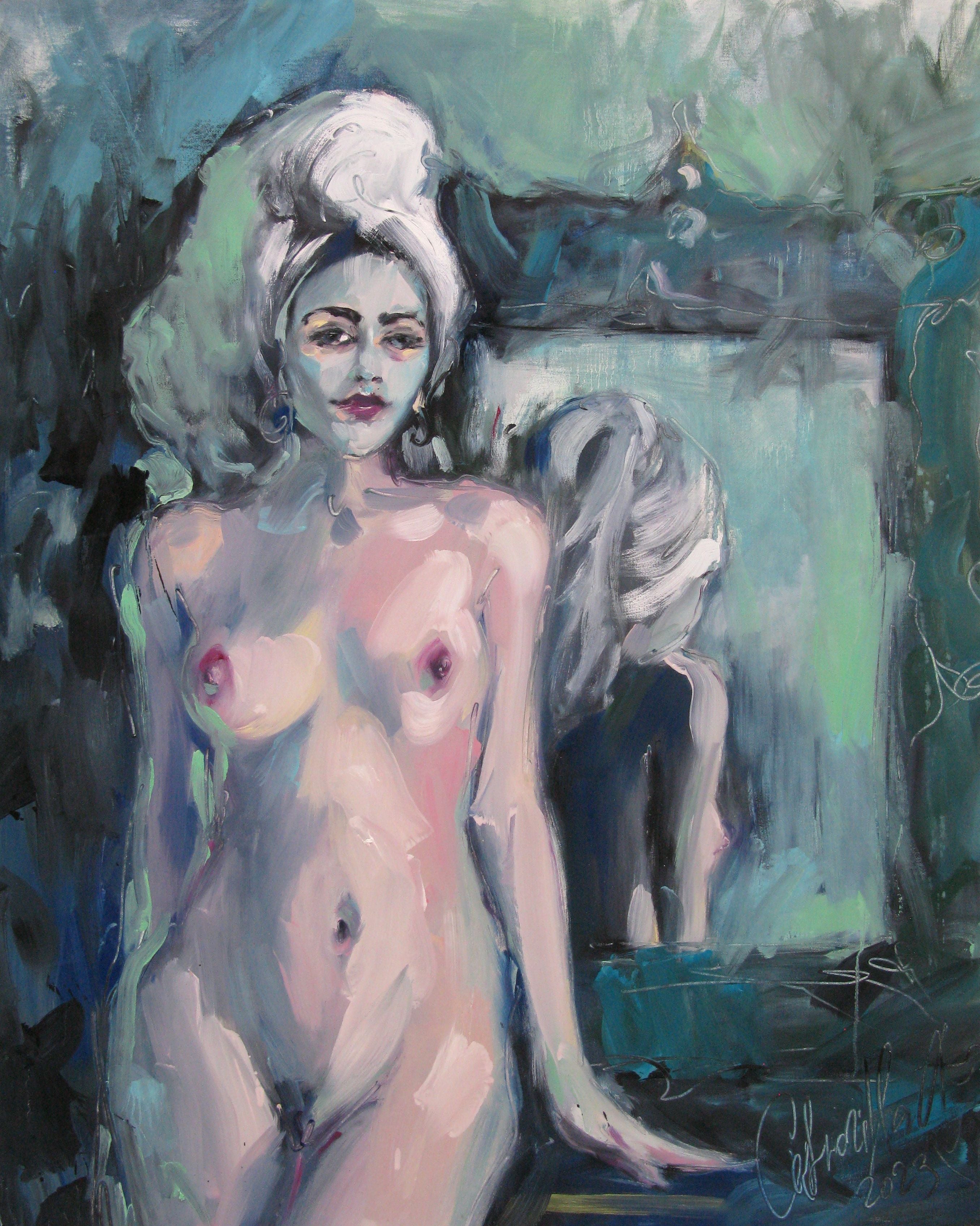 Peinture figurative format xxl rose et vert Manuela – OLENA SINIUHINA – 87 × 114 cm