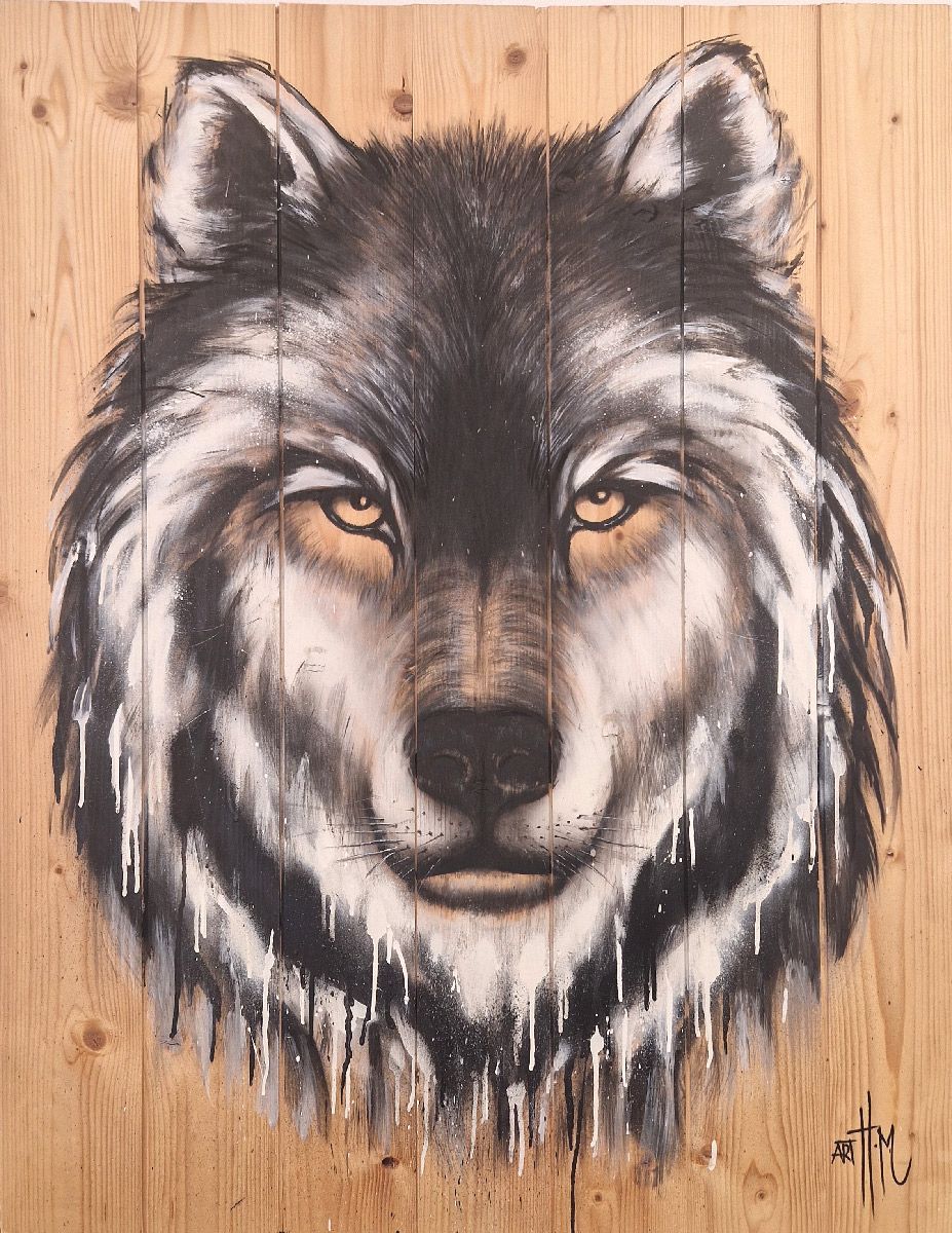 Peinture figurative grand format Loup sur Bois – ART HM – 76 × 100 cm