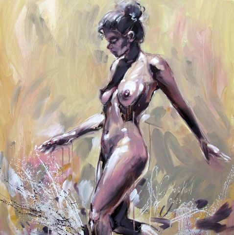 Peinture figurative grand format beige et rose ANNA – OLENA SINIUHINA – 100 × 100 cm