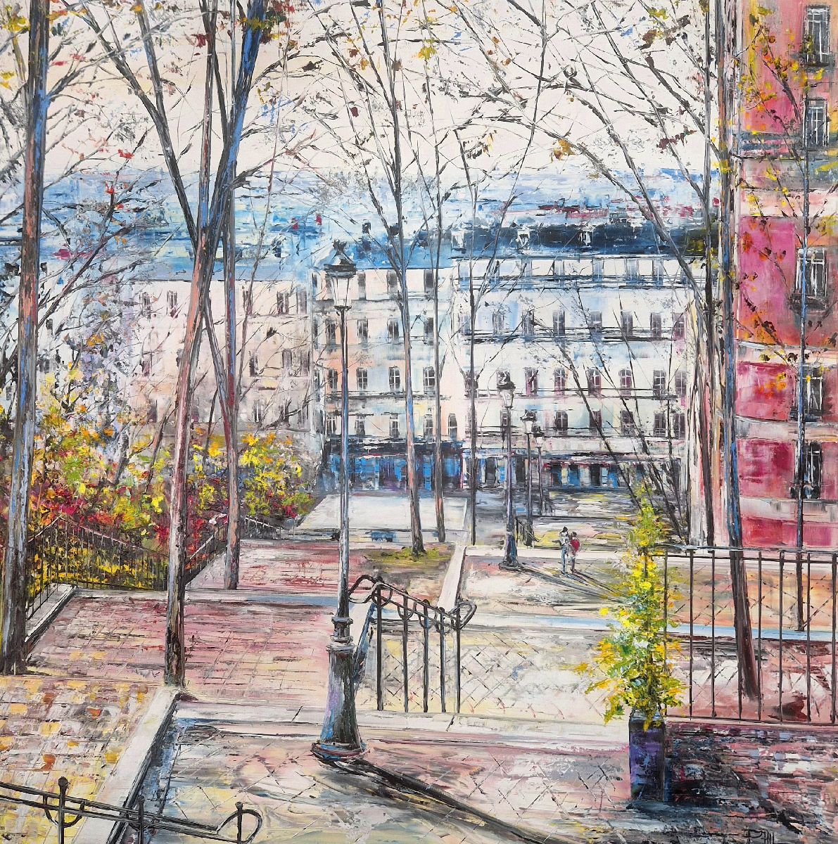 Peinture figurative grand format bleu et jaune Escalier de Montmartre, Paris – PHIL – 100 × 100 cm