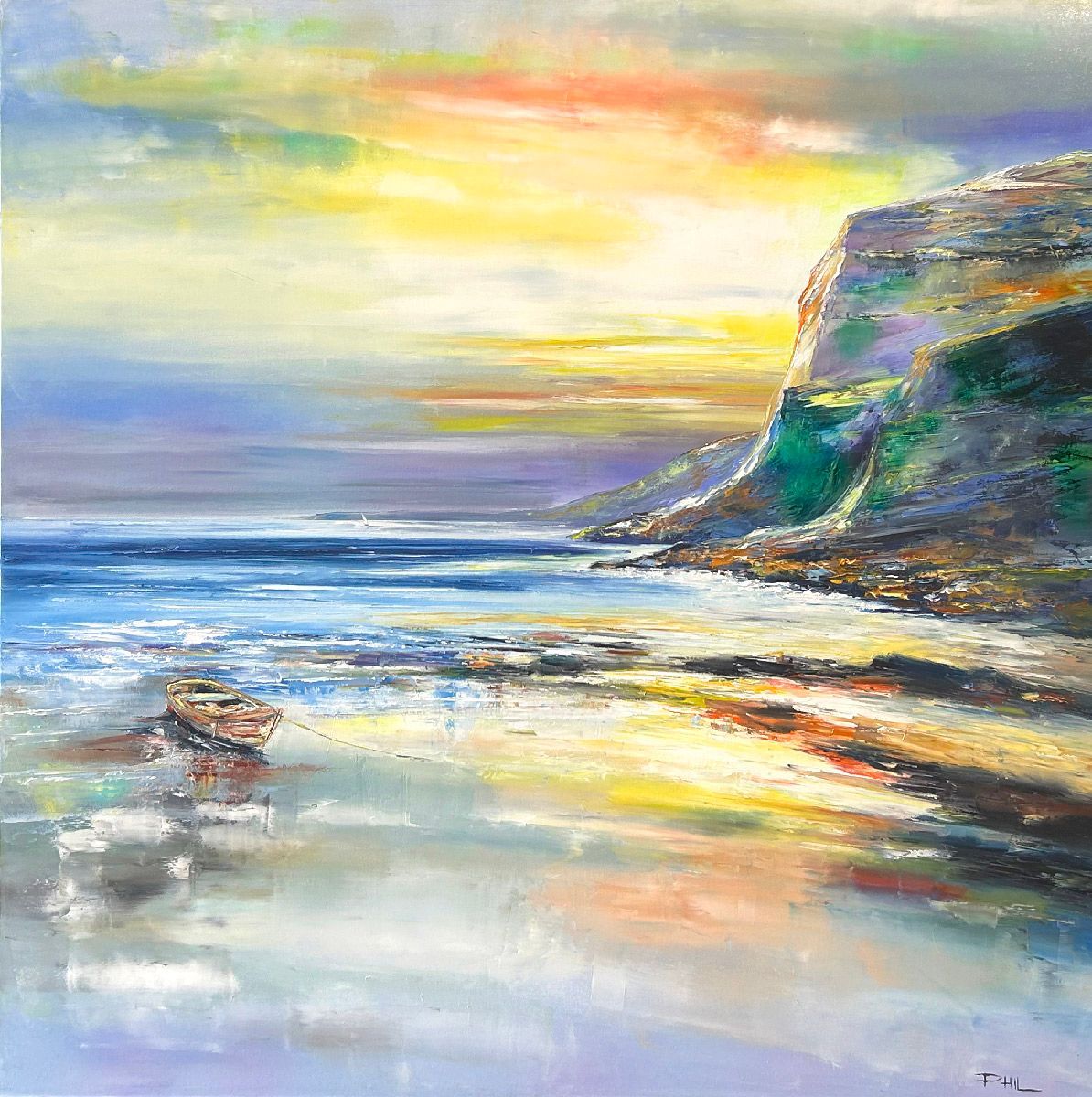 Peinture figurative grand format bleu et jaune Grand littoral – PHIL – 100 × 100 cm