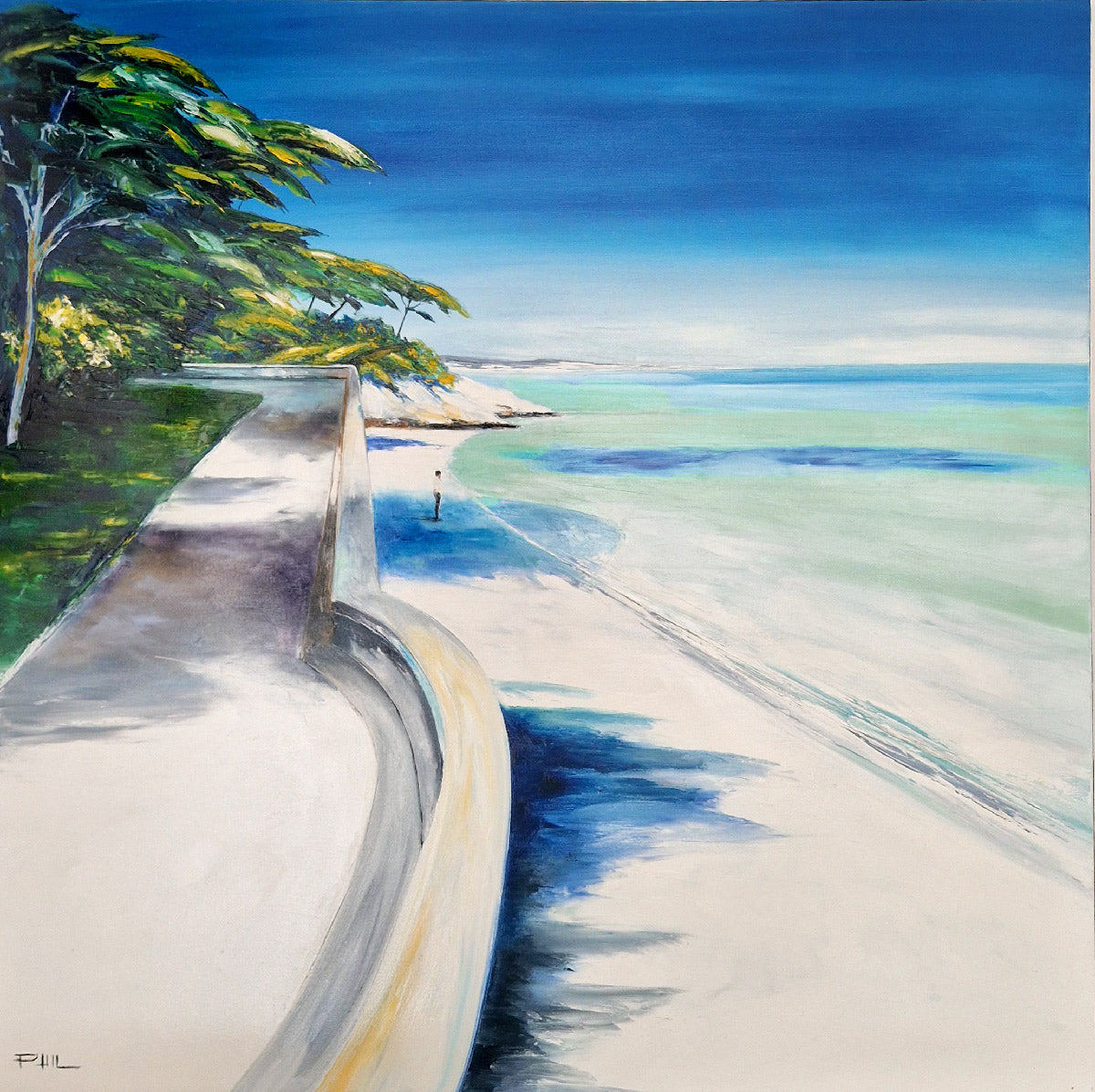 Peinture figurative grand format bleu et vert La Petite Baie – PHIL – 100 × 100 cm