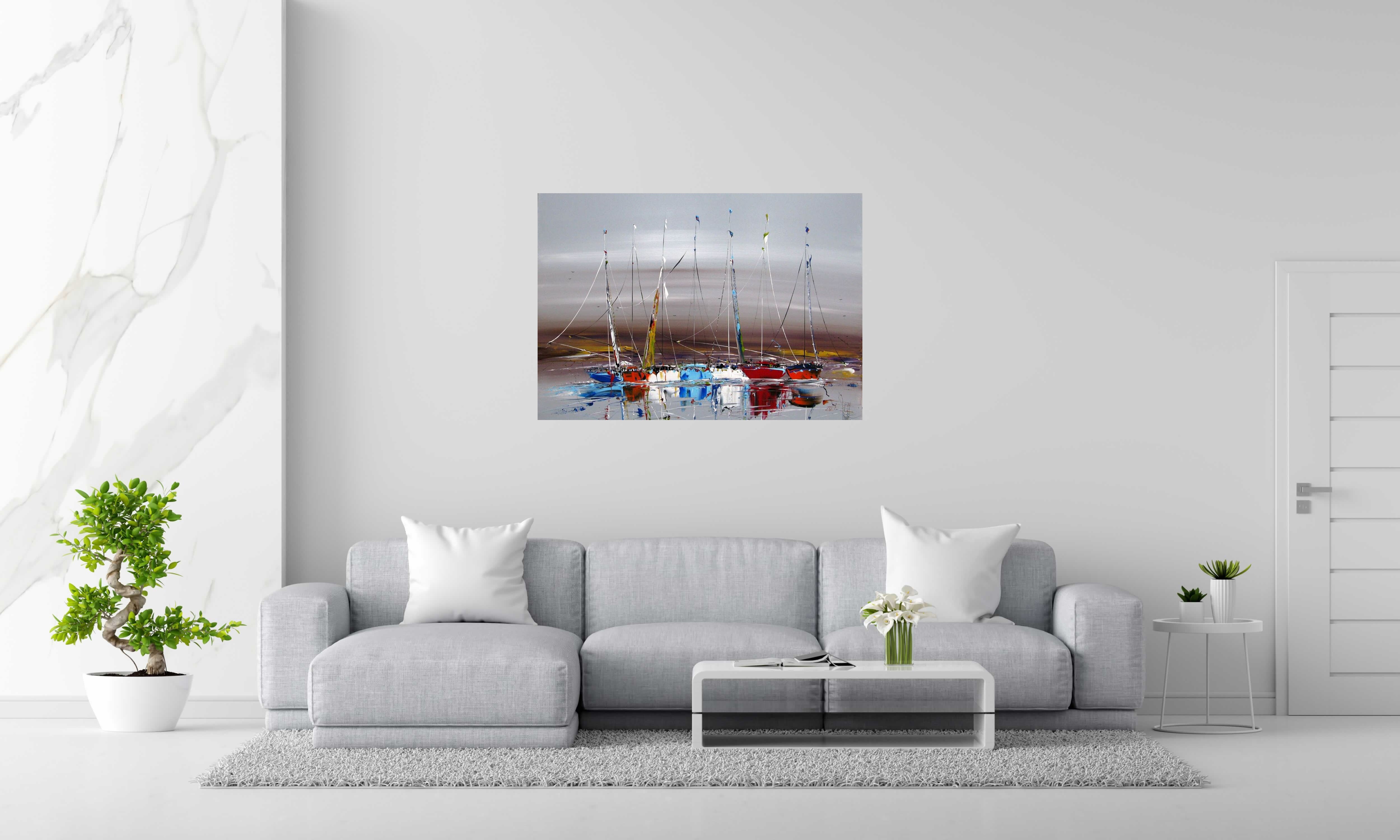 Peinture MARINE ABSTRAITE 79 de F. BOUTET dans un intérieur – 116 × 81 cm