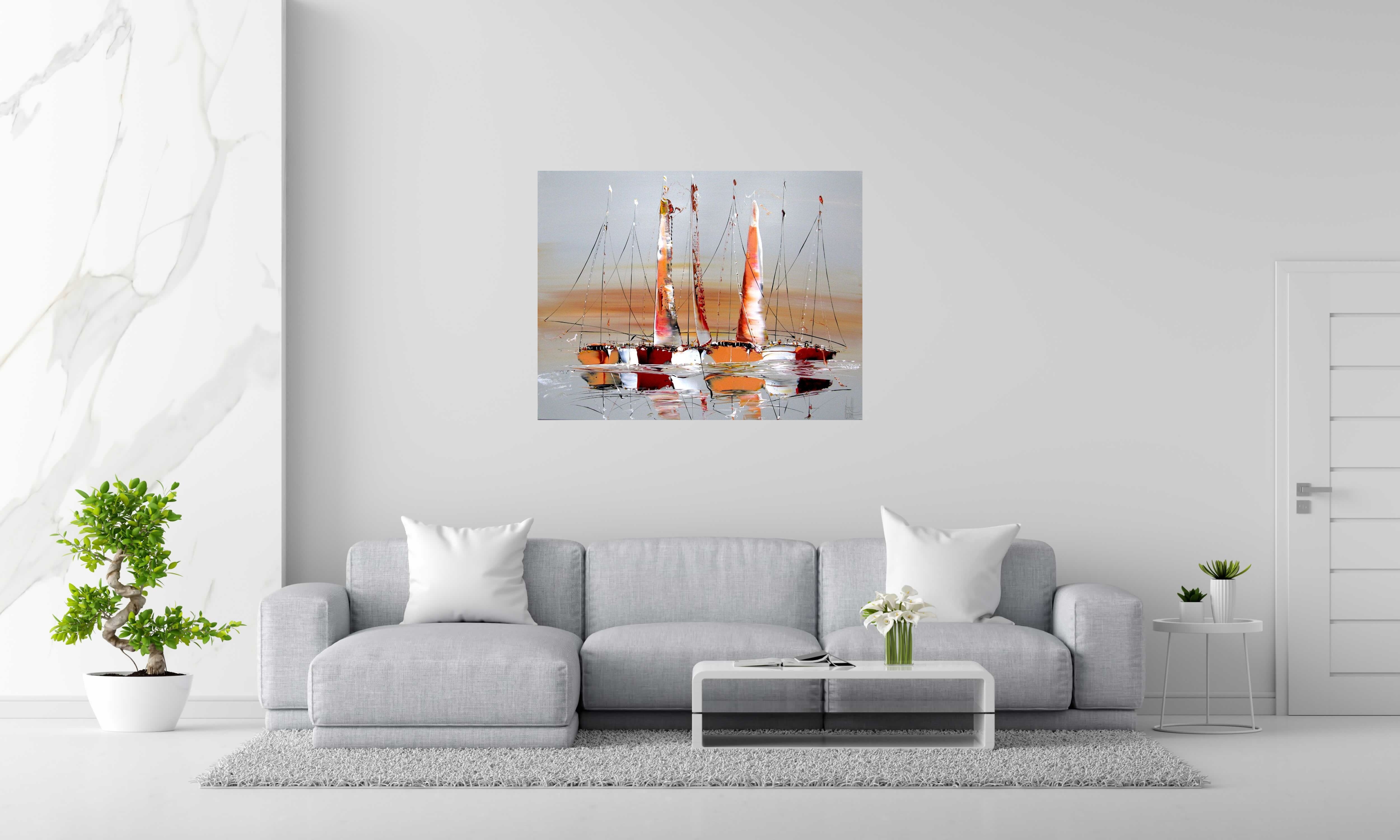 Peinture MARINE ABSTRAITE 99 de F. BOUTET dans un intérieur – 116 × 89 cm