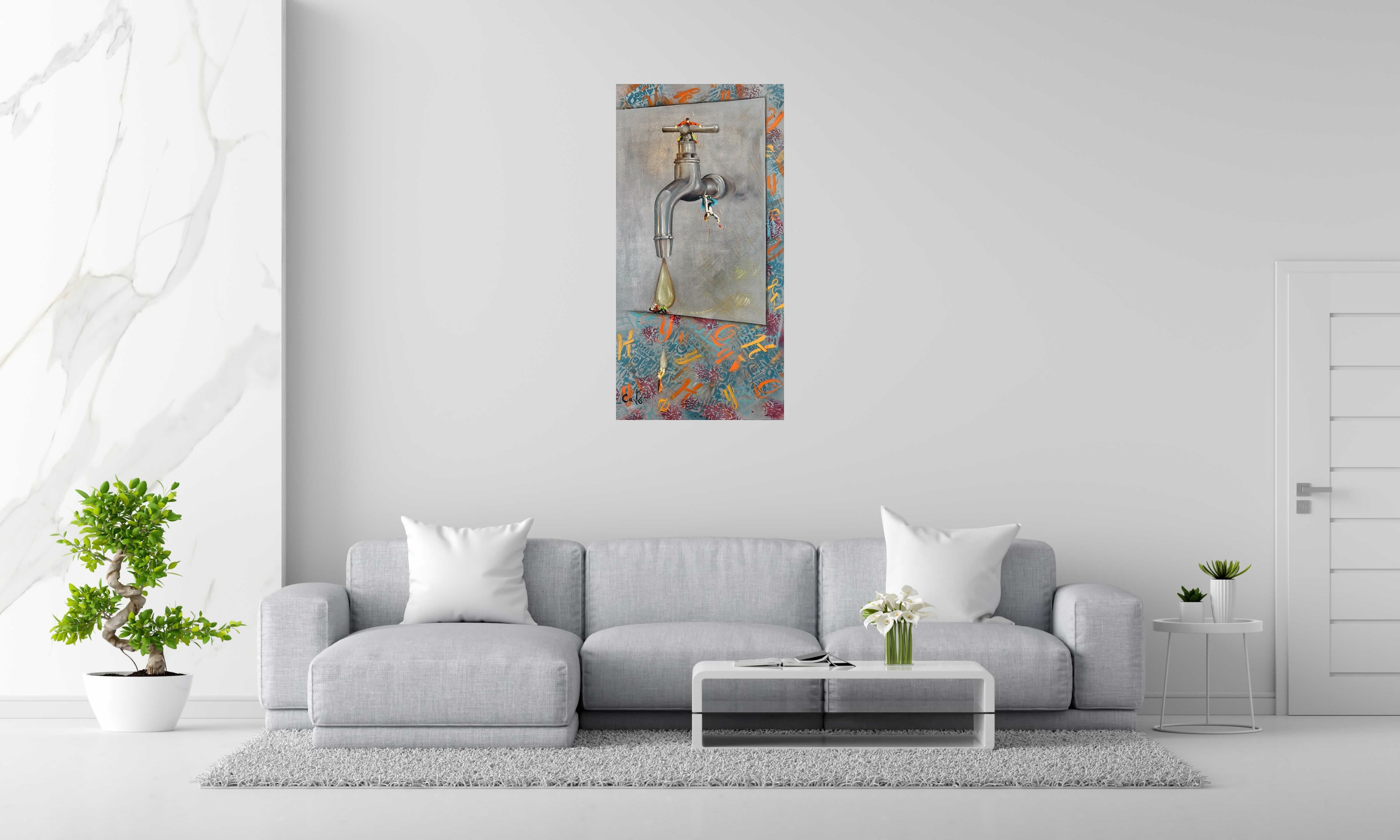 Peinture Le robinet du savoir de Geneviève Canto dans un intérieur – 60 × 120 cm