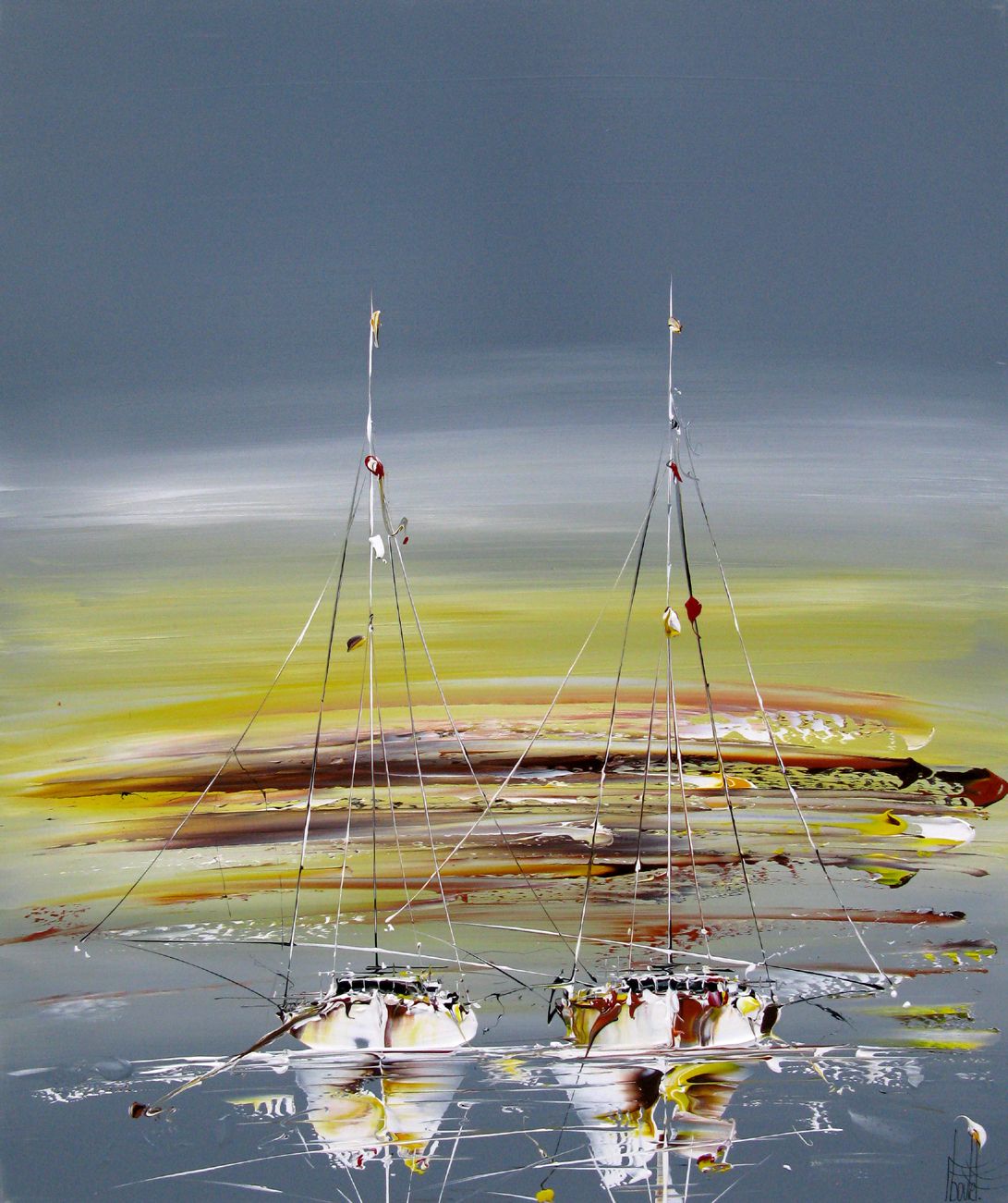 Peinture figurative grand format gris Marine abstraite 51 – F. BOUTET – 81 × 100 cm
