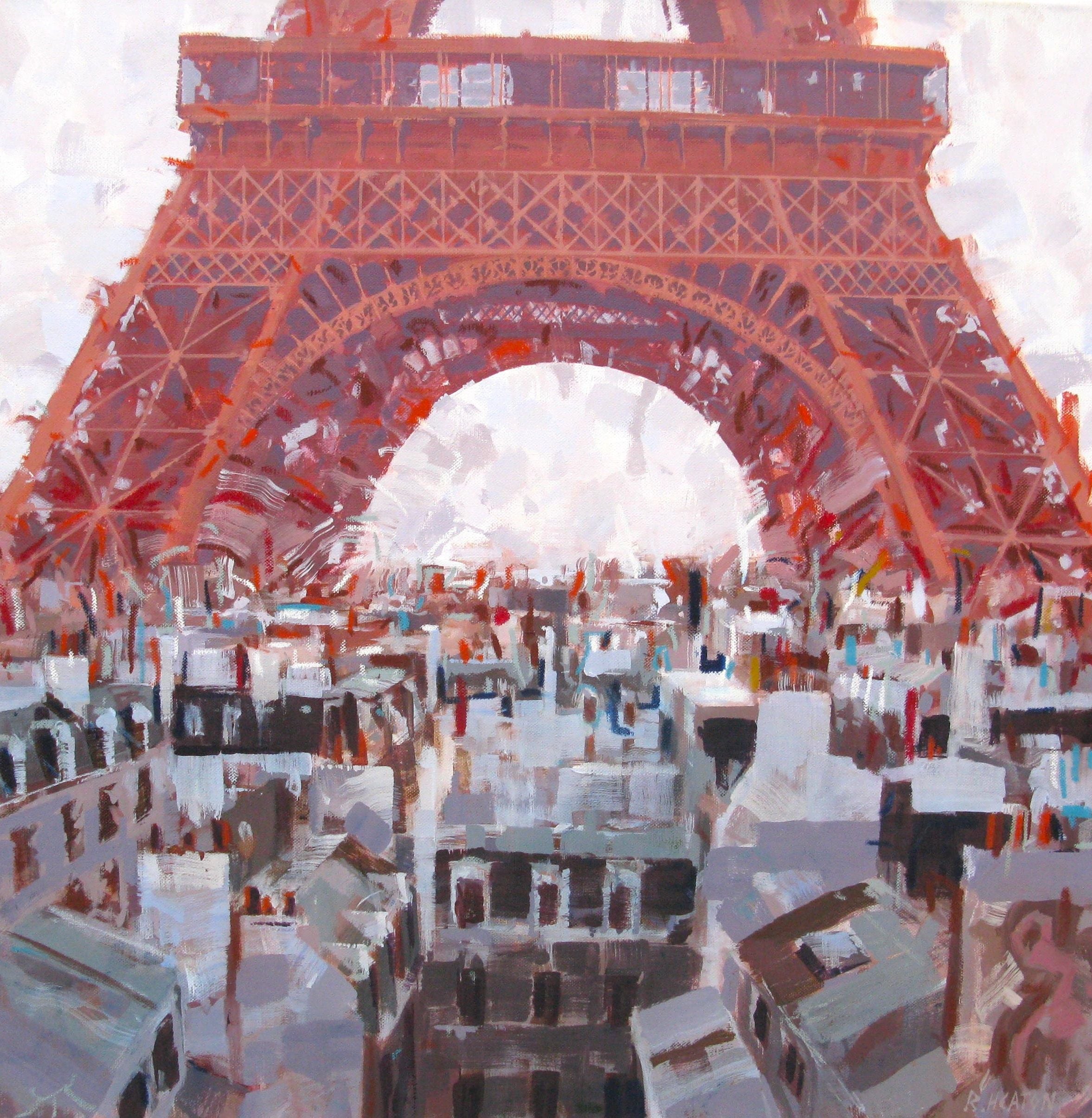 Peinture figurative grand format Tour rouge – HEATON RUDYARD – 80 × 80 cm