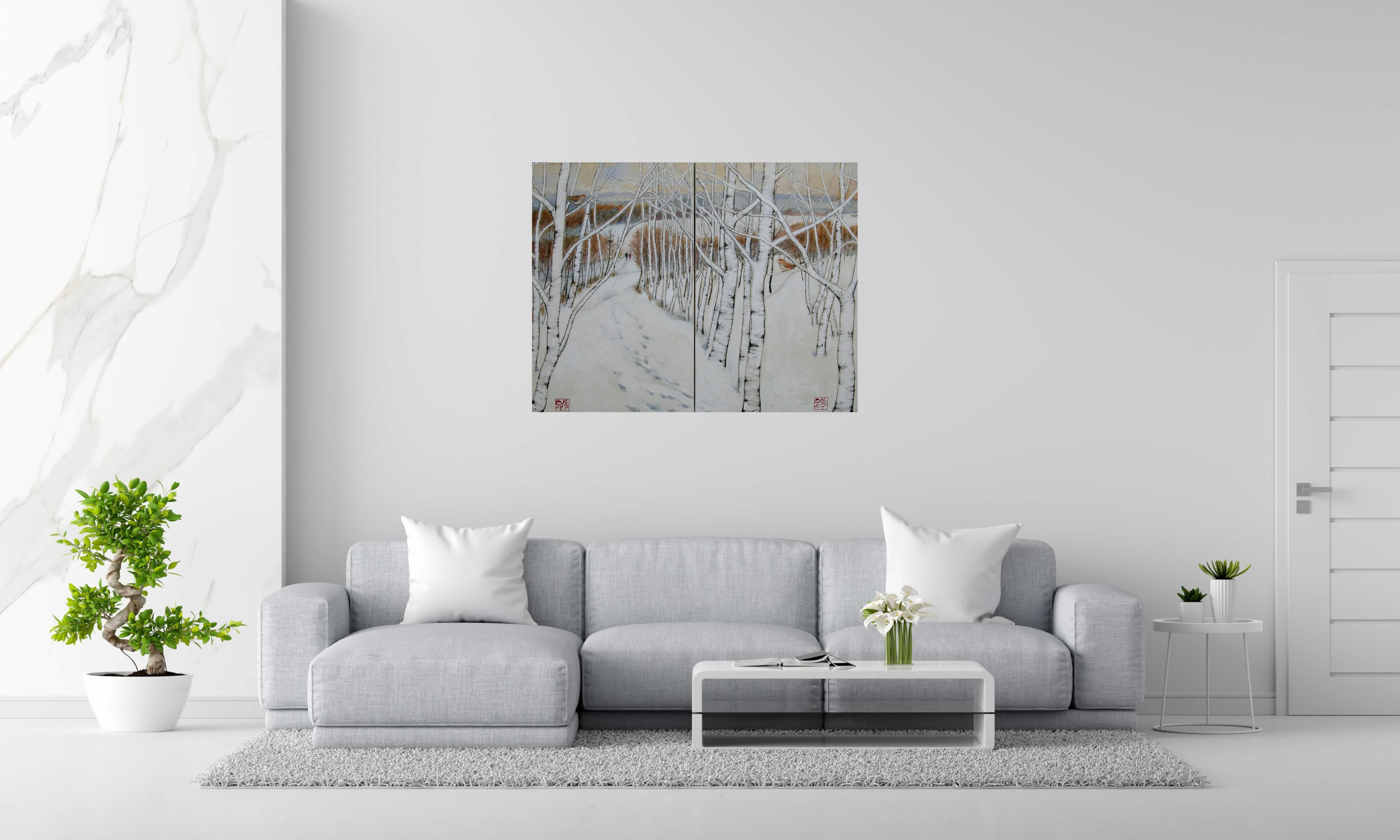 Peinture Dyptique - Deux oiseaux dans les bouleaux de JEONG MIN LEE dans un intérieur – 120 × 92 cm