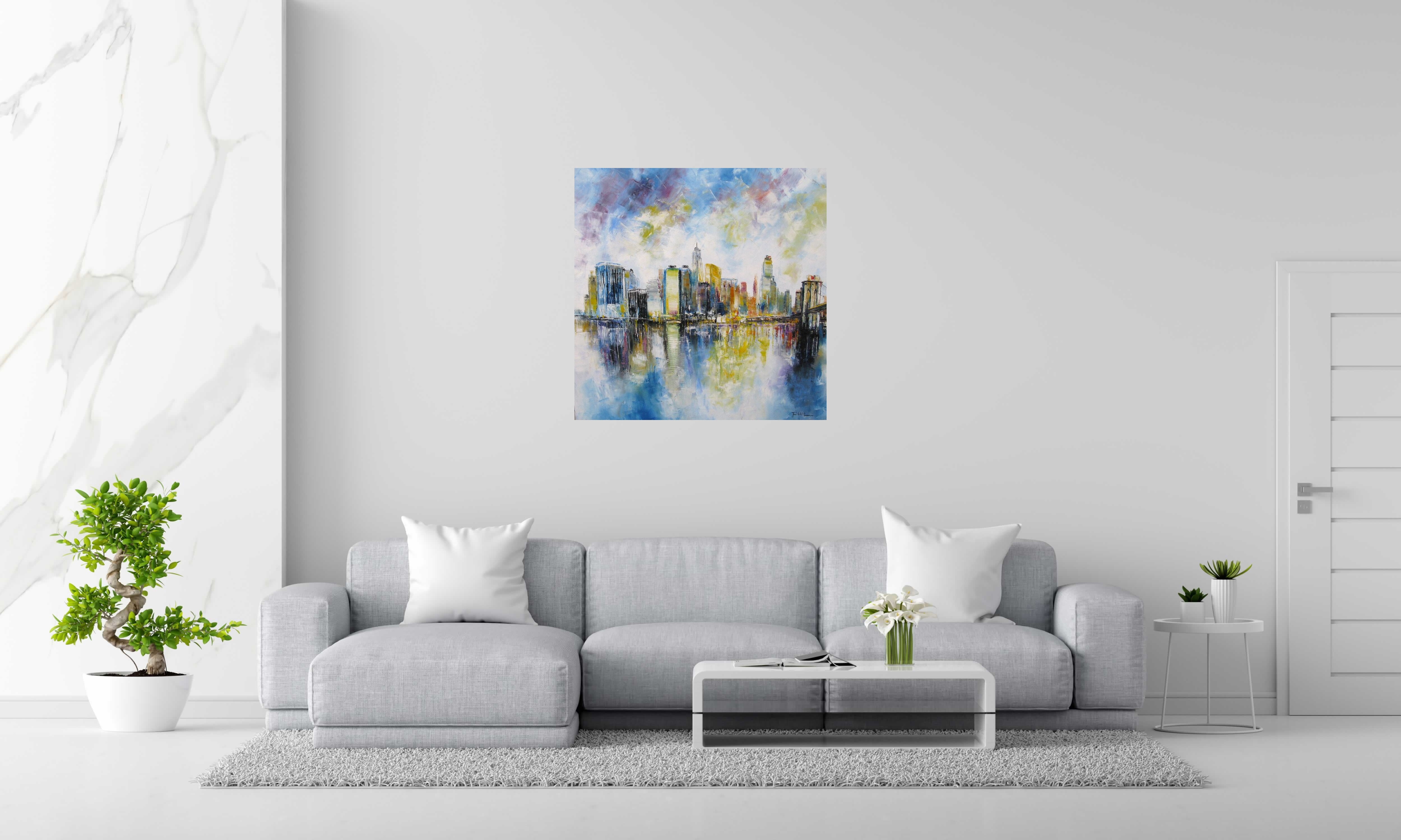 Peinture Hudson River NY de PHIL dans un intérieur – 90 × 90 cm