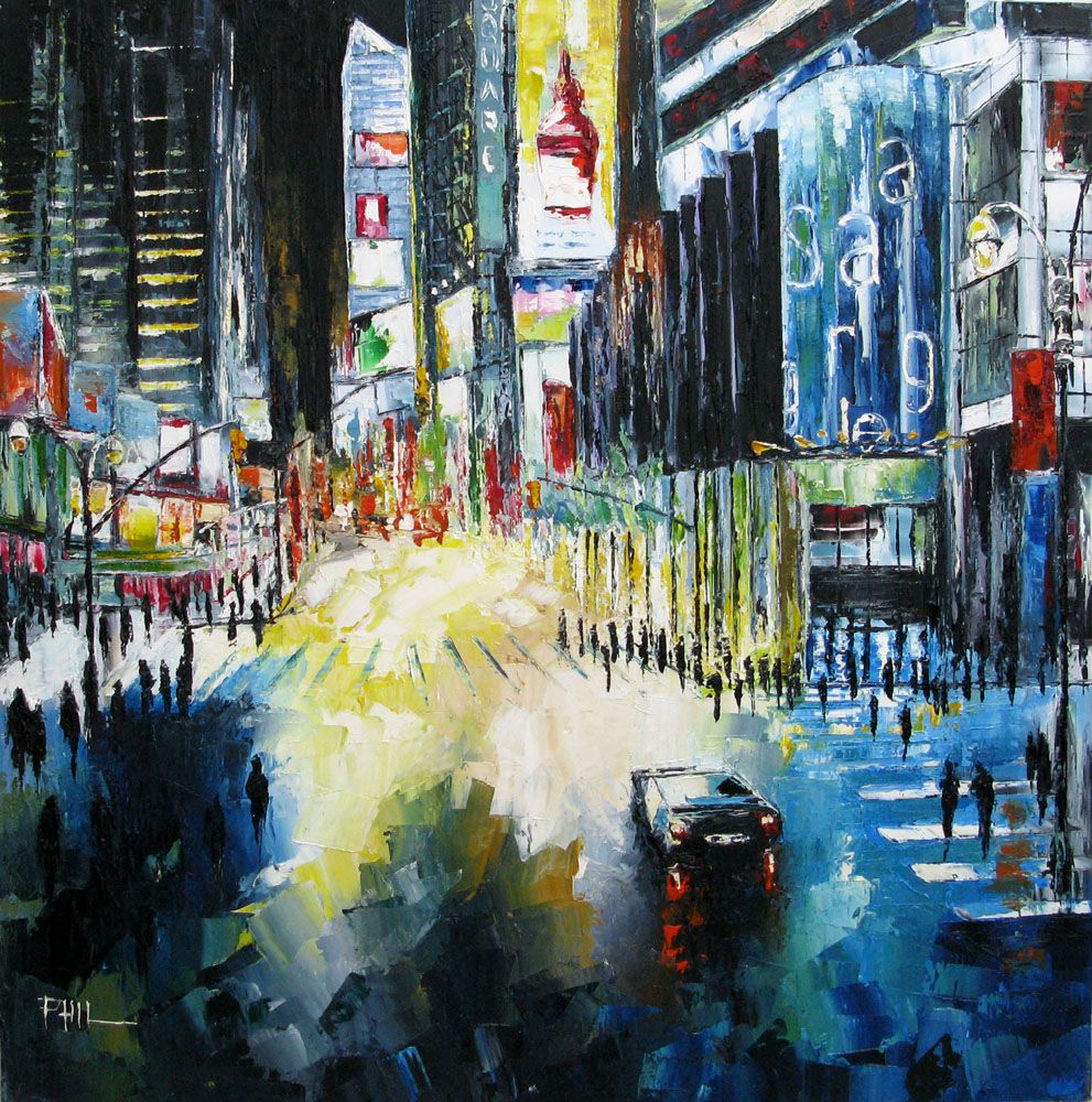 Peinture figurative grand format Sur la route de Time Square – PHIL – 90 × 90 cm