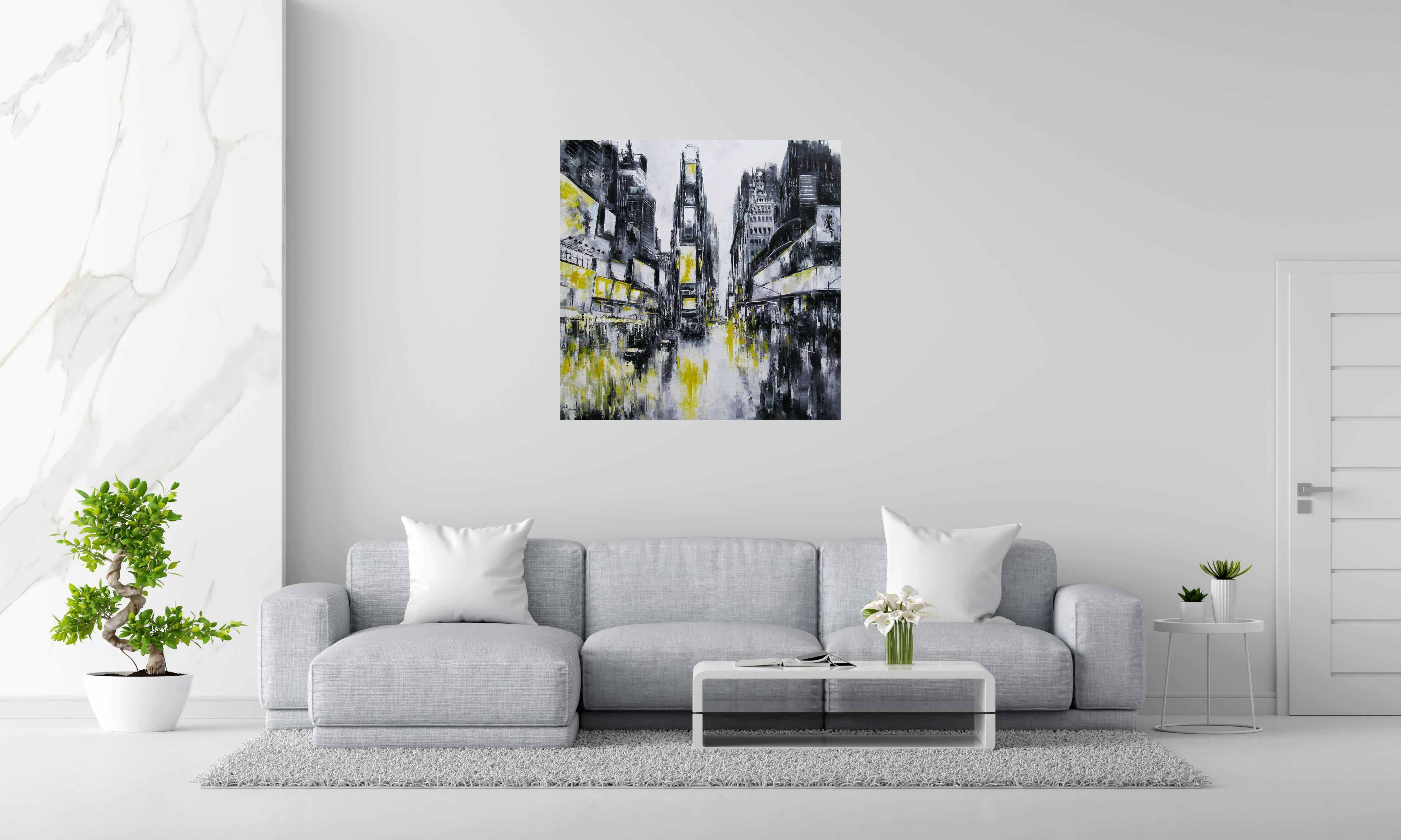 Peinture Time Square, NY de PHIL dans un intérieur – 100 × 100 cm