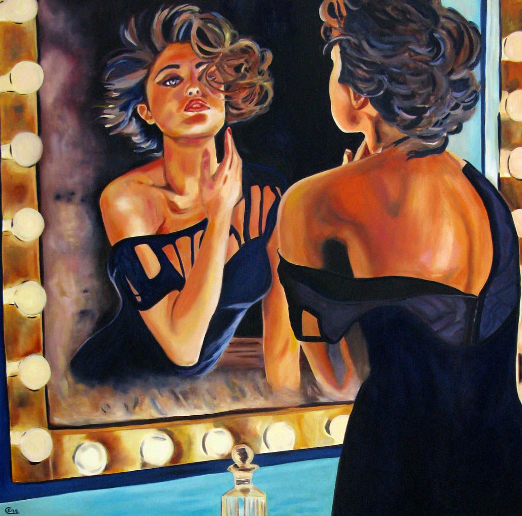 Peinture figurative grande taille bleu et brun Début de soirée – EMILIE CREPIN – 100 × 100 cm