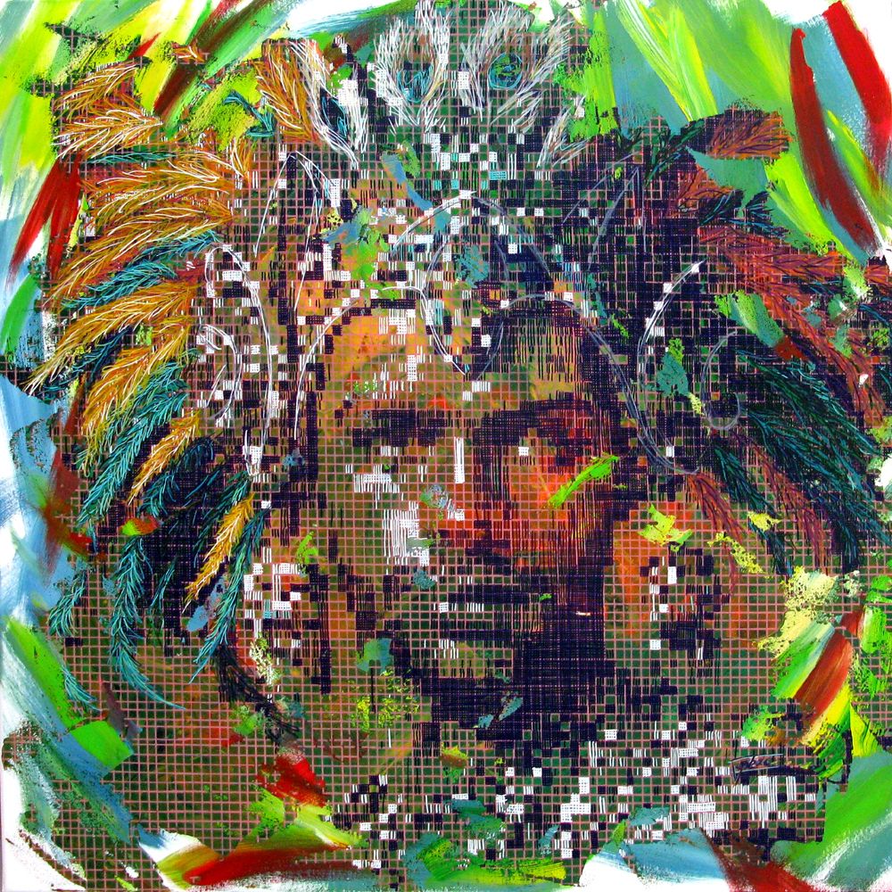 Peinture figurative grande taille bleu REAPPROPRIATION HUMAINE -SAMBA#2 – NICOLAS JESBAC – 100 × 100 cm