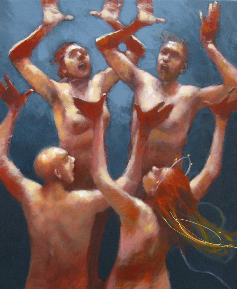 Peinture figurative grande taille bleu et vert Divine grace won't fall from heaven – OLIVIER MASSEBEUF – 73 × 92 cm