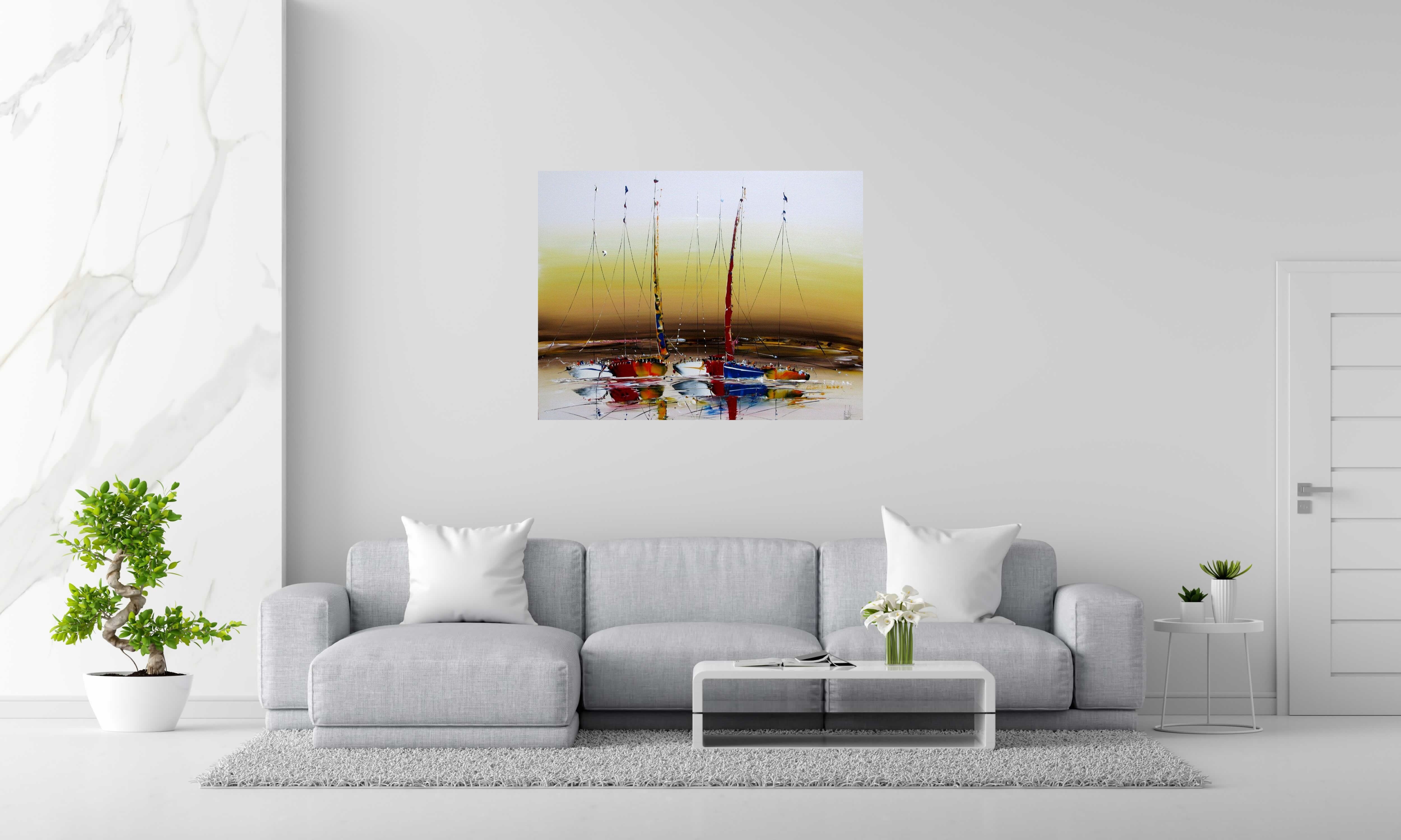 Peinture MARINE ABSTRAITE 113 de F. BOUTET dans un intérieur – 116 × 89 cm