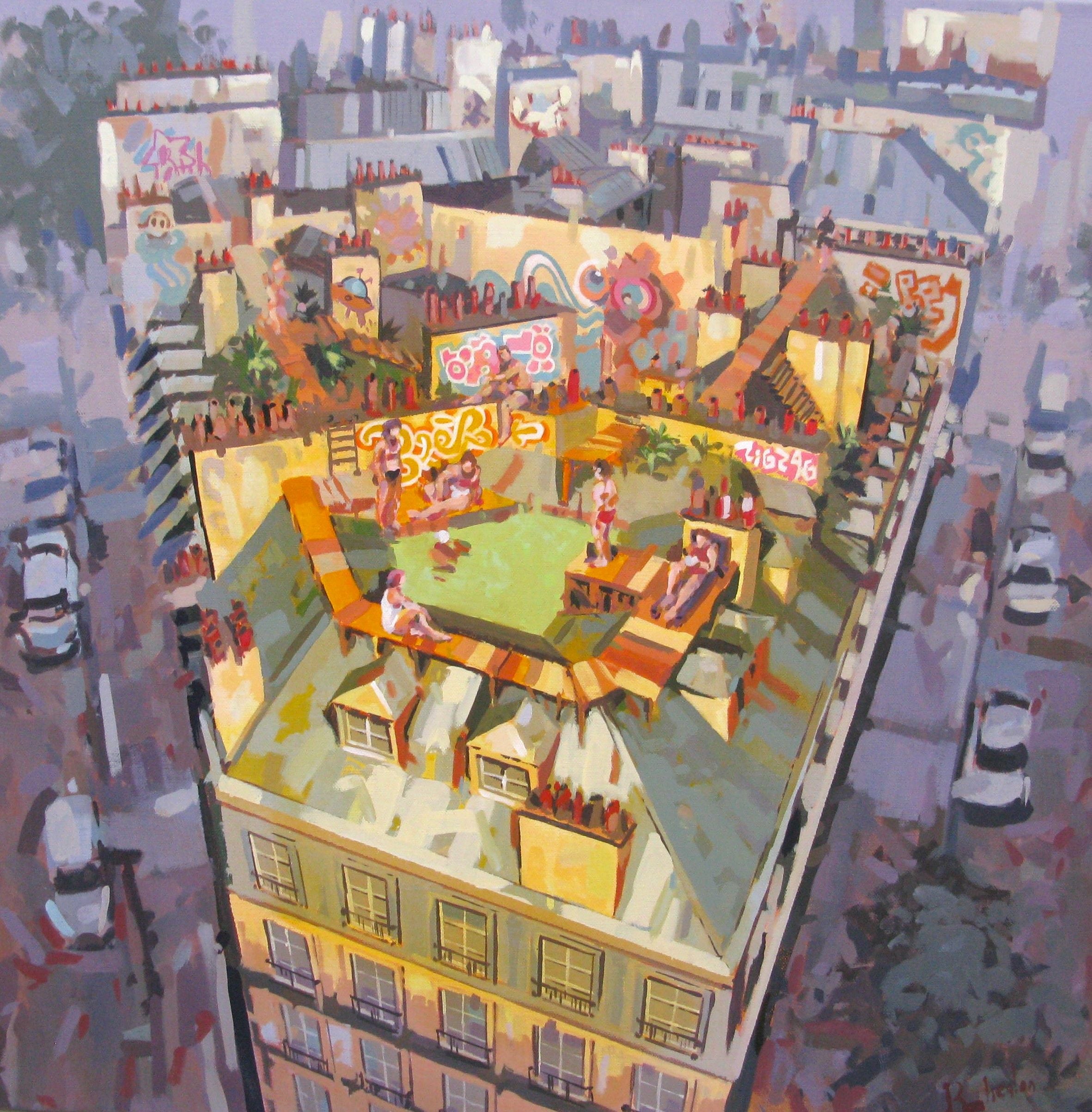 Peinture figurative grande taille Rooftop Pool – HEATON RUDYARD – 80 × 80 cm