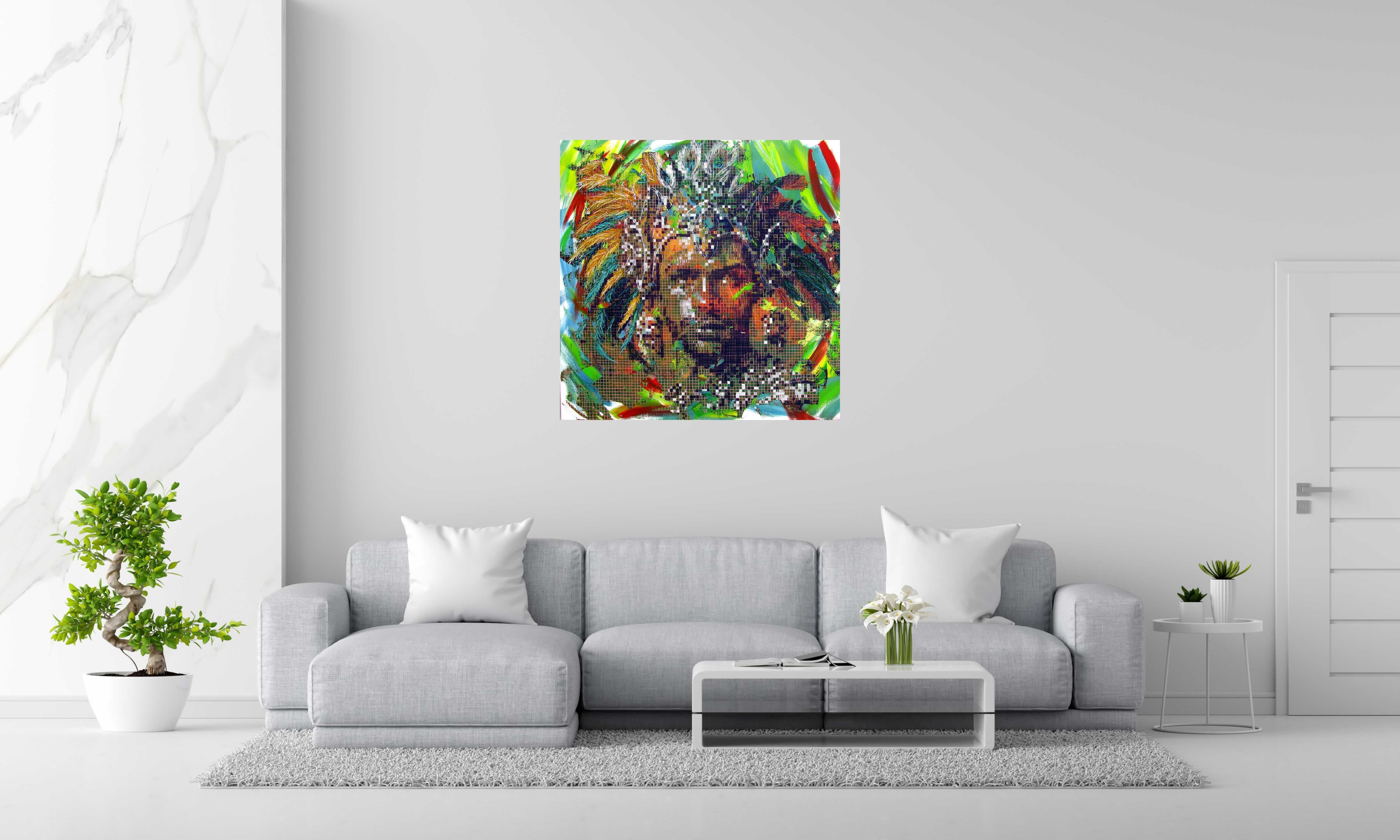 Peinture REAPPROPRIATION HUMAINE -SAMBA#2 de NICOLAS JESBAC dans un intérieur – 100 × 100 cm