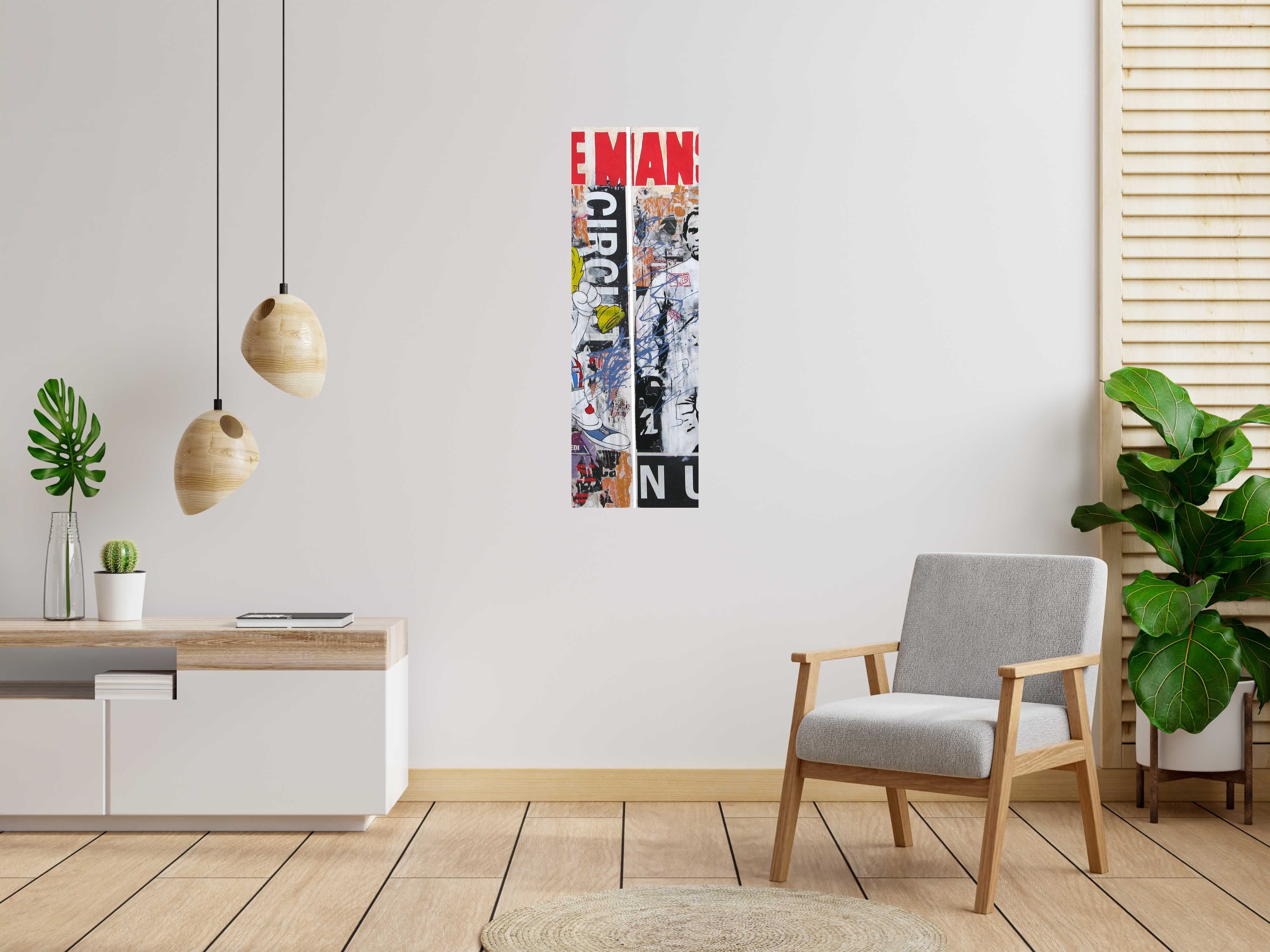 Peinture LE MANS DYPTIQUE de PATRICIA GADISSEUR dans un intérieur – 120 × 40 cm